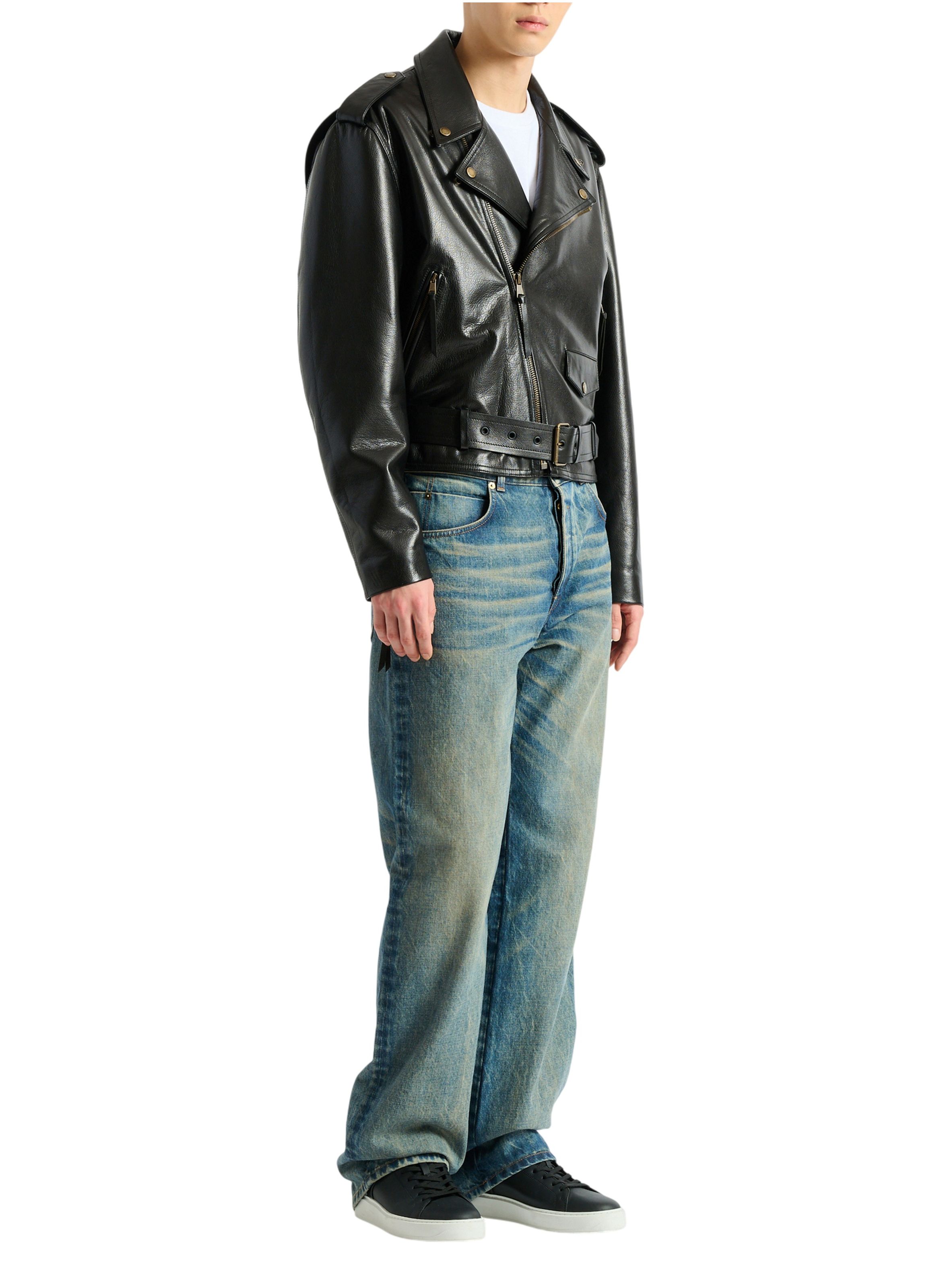 Veste biker en cuir texturé BALMAIN Noir