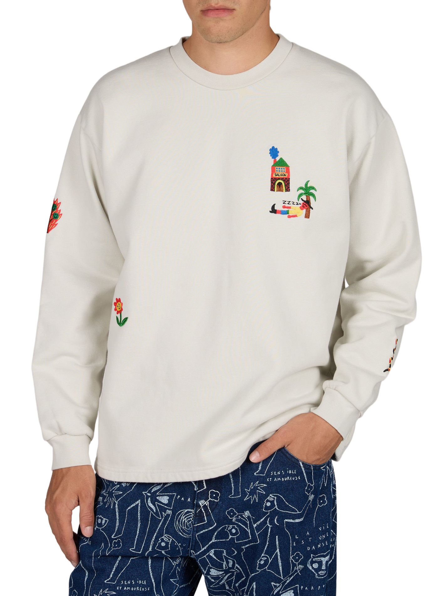 Plain straight-fit sweatshirt with embroidered motifs OLOW Grey