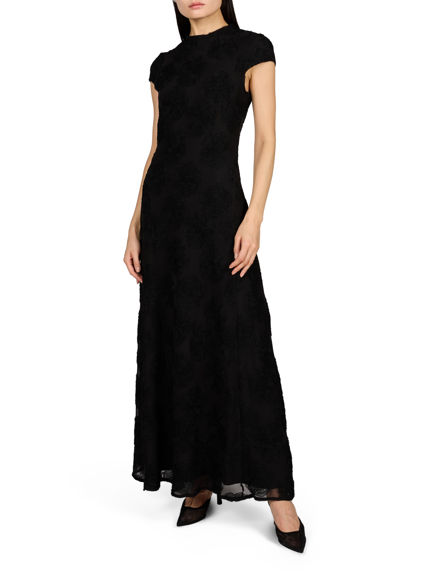 Maxikleid aus geblümtem Mesh ROTATE Schwarz