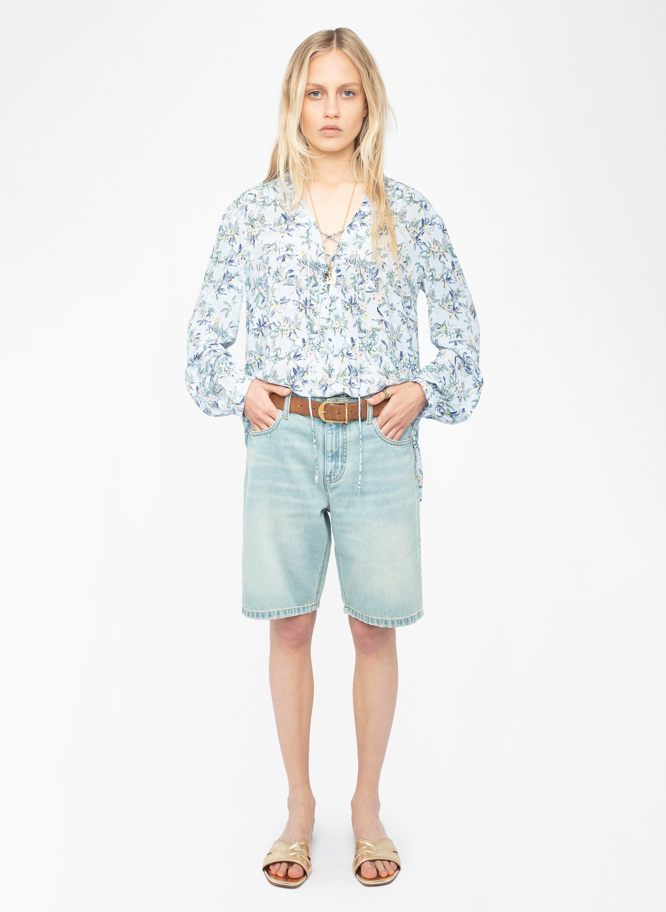 Top col v imprimé en soie tamela ZADIG&VOLTAIRE Bleu