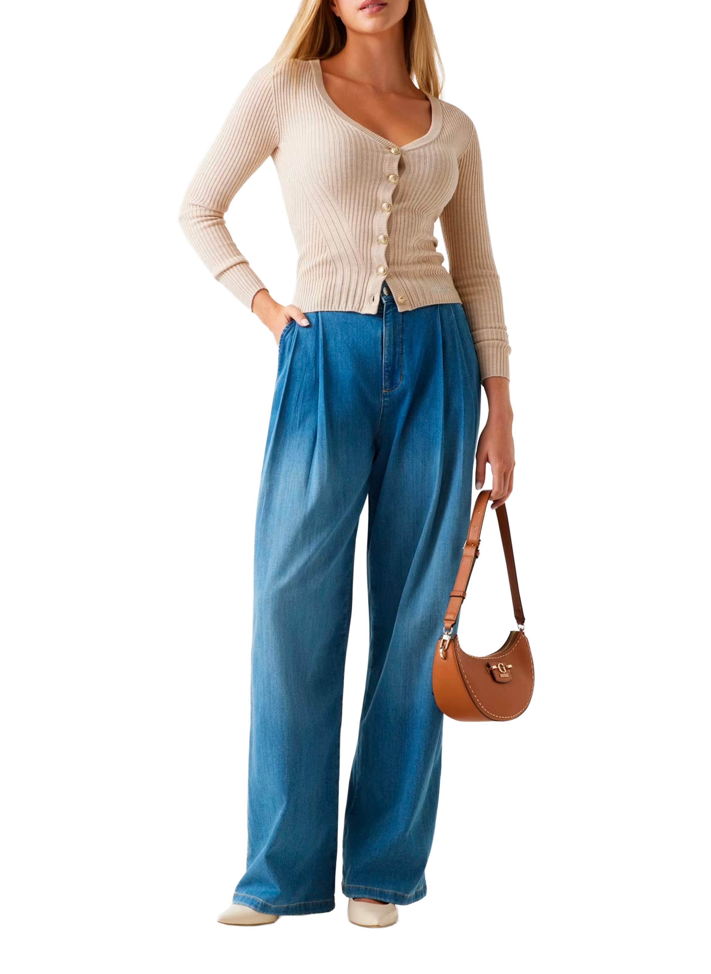 Pull droit finement côtelé GUESS Beige