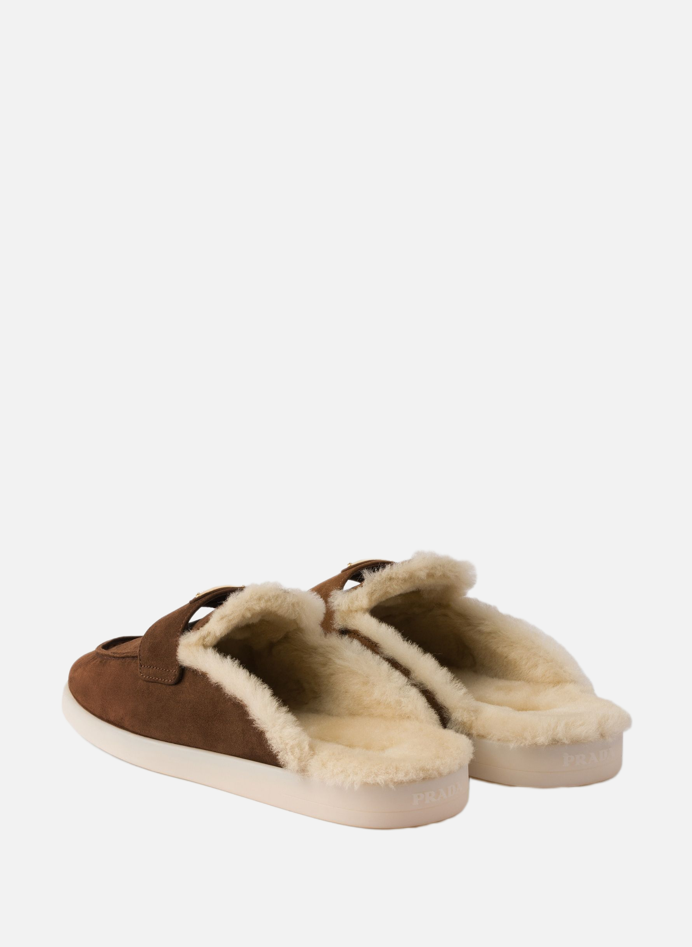 Mules en veau velours et shearling PRADA Marron