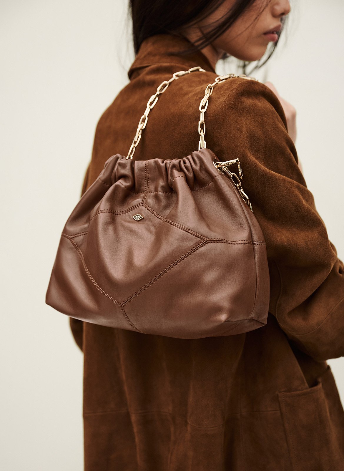 Sac épaule uni en cuir mini june tote BA&SH Marron