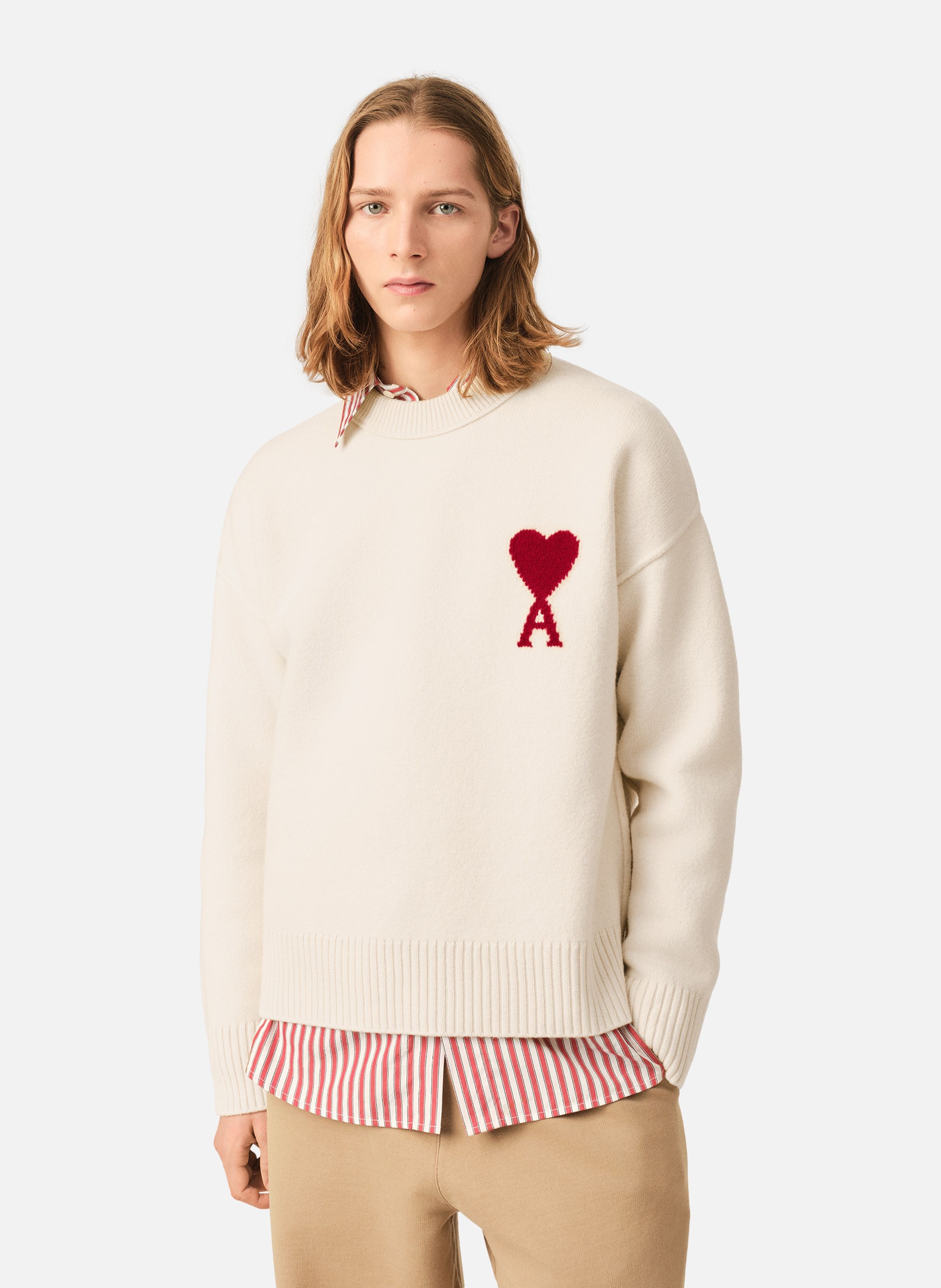 Pull col rond ami de coeur en laine unisexe AMI PARIS Blanc