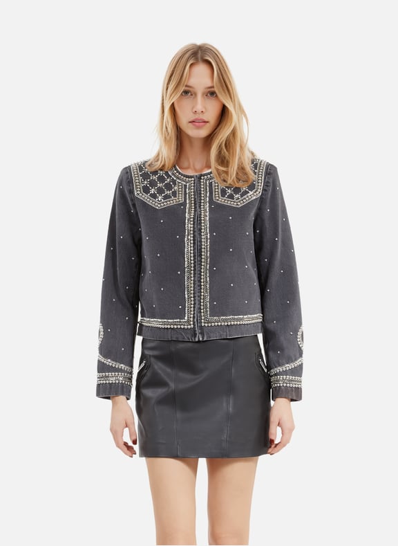Veste en denim avec studs et perles Noir by THE KOOPLES THE KOOPLES Veste en denim avec studs et perles Noir
