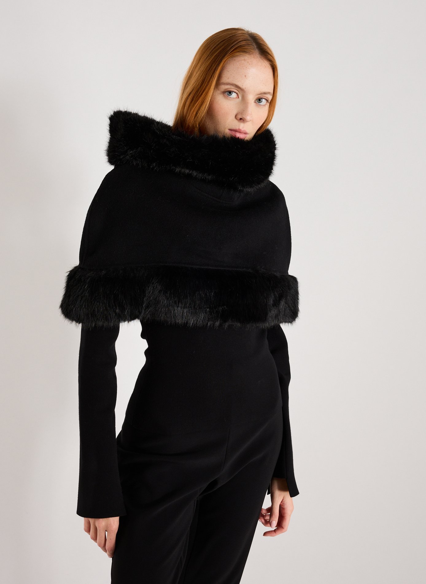 BY MALENE BIRGER Marta hooded cape with faux fur effect in wool Black