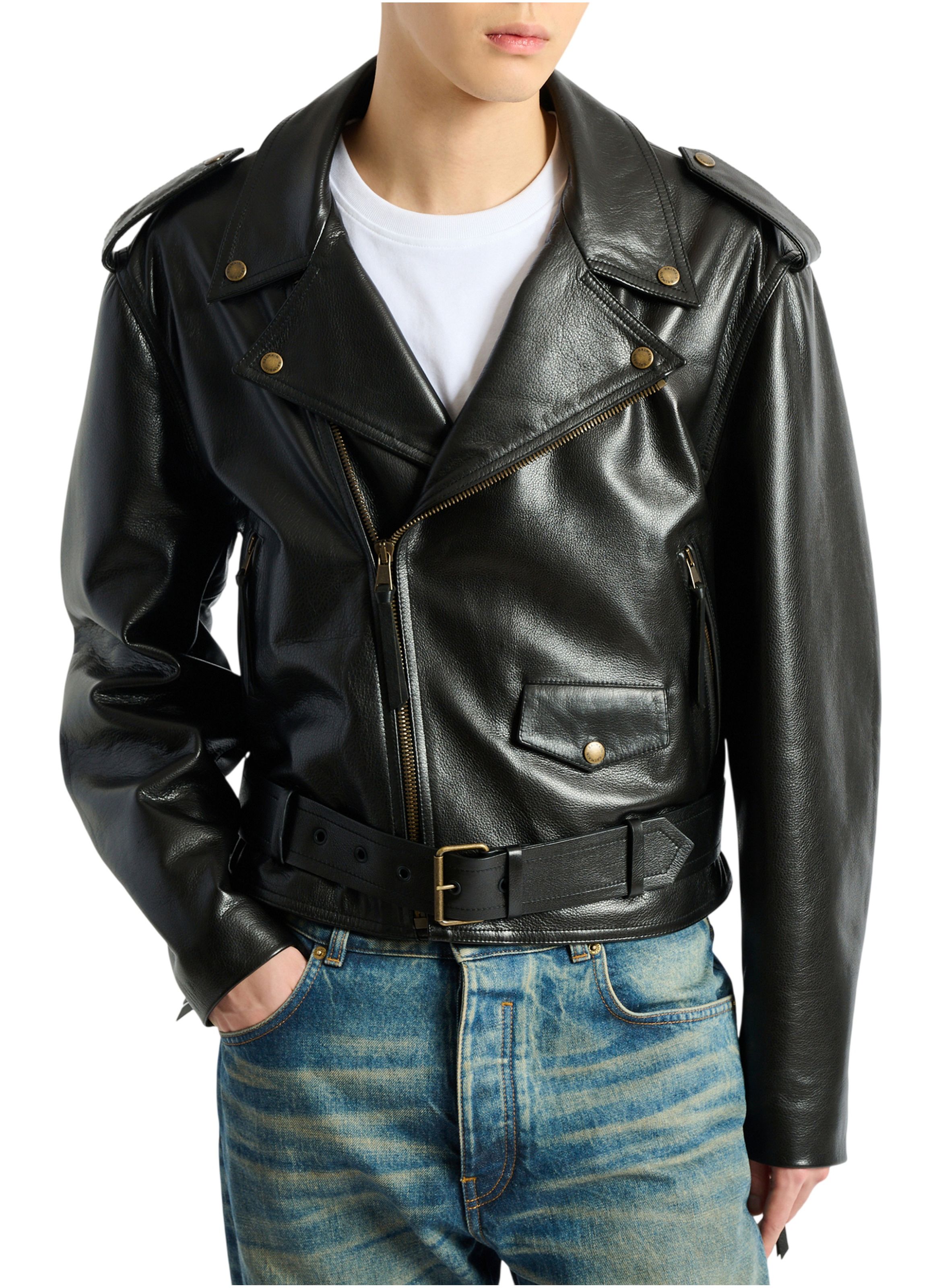Veste biker en cuir texturé BALMAIN Noir