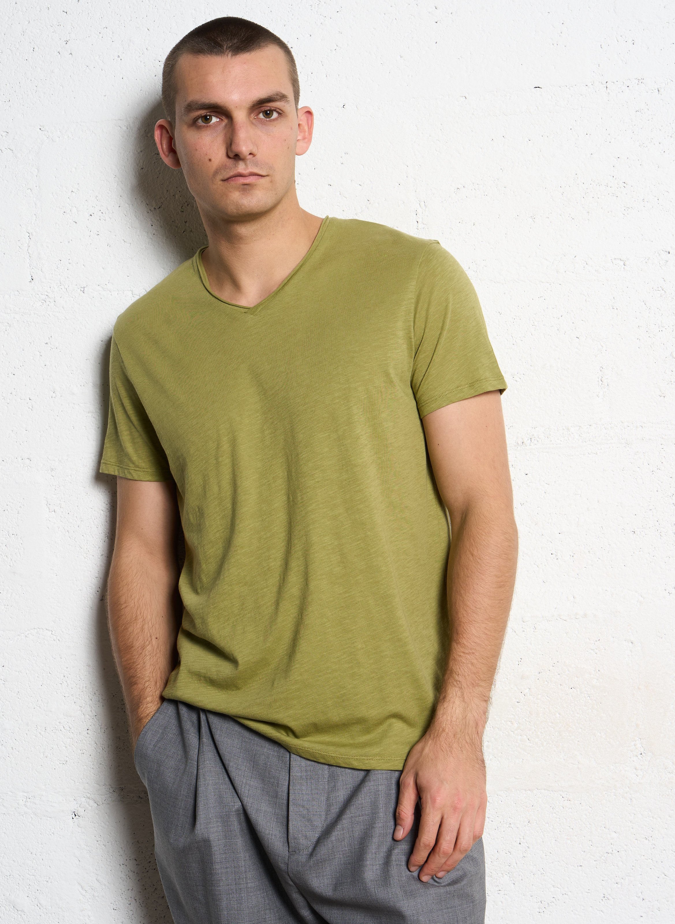 Tee-shirt droit col v en coton IKKS Vert