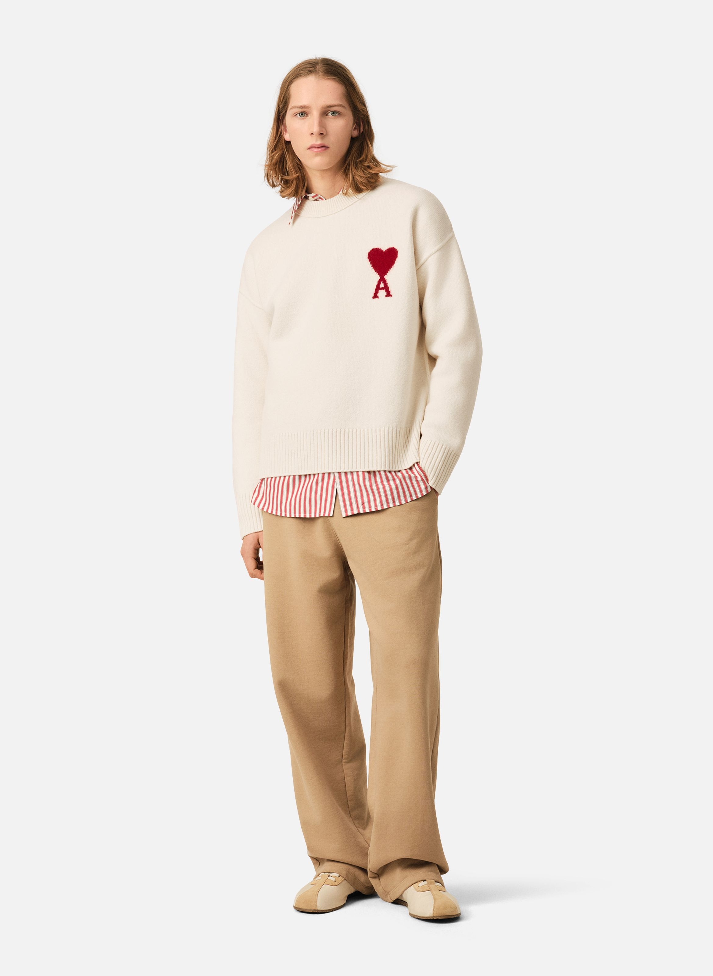 Pull col rond ami de coeur en laine unisexe AMI PARIS Blanc