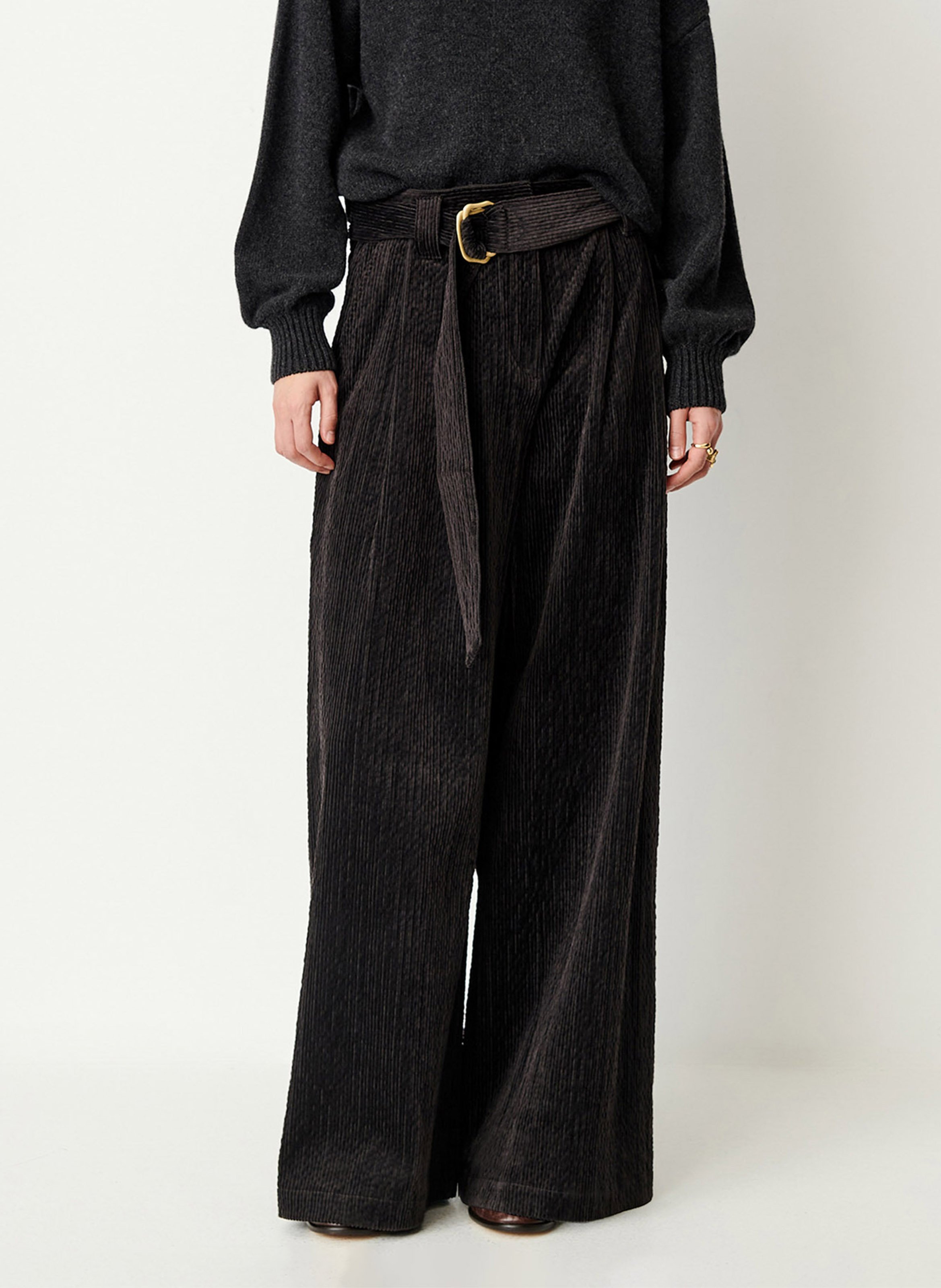 Pantalon large ceinturé en velours côtelé rivel SESSUN Gris