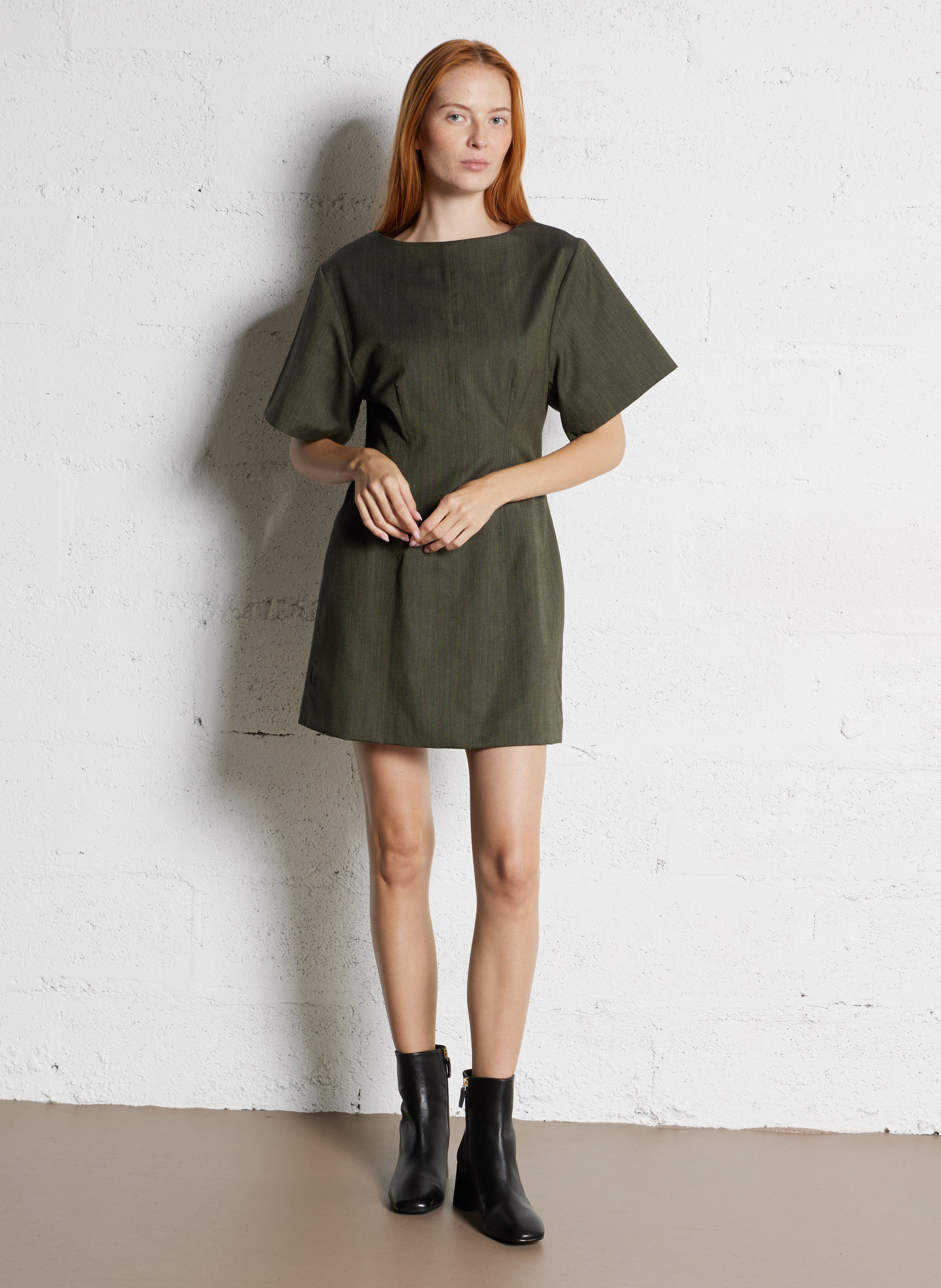SOEUR Robe courte col rond en laine mélangée gladys Kaki