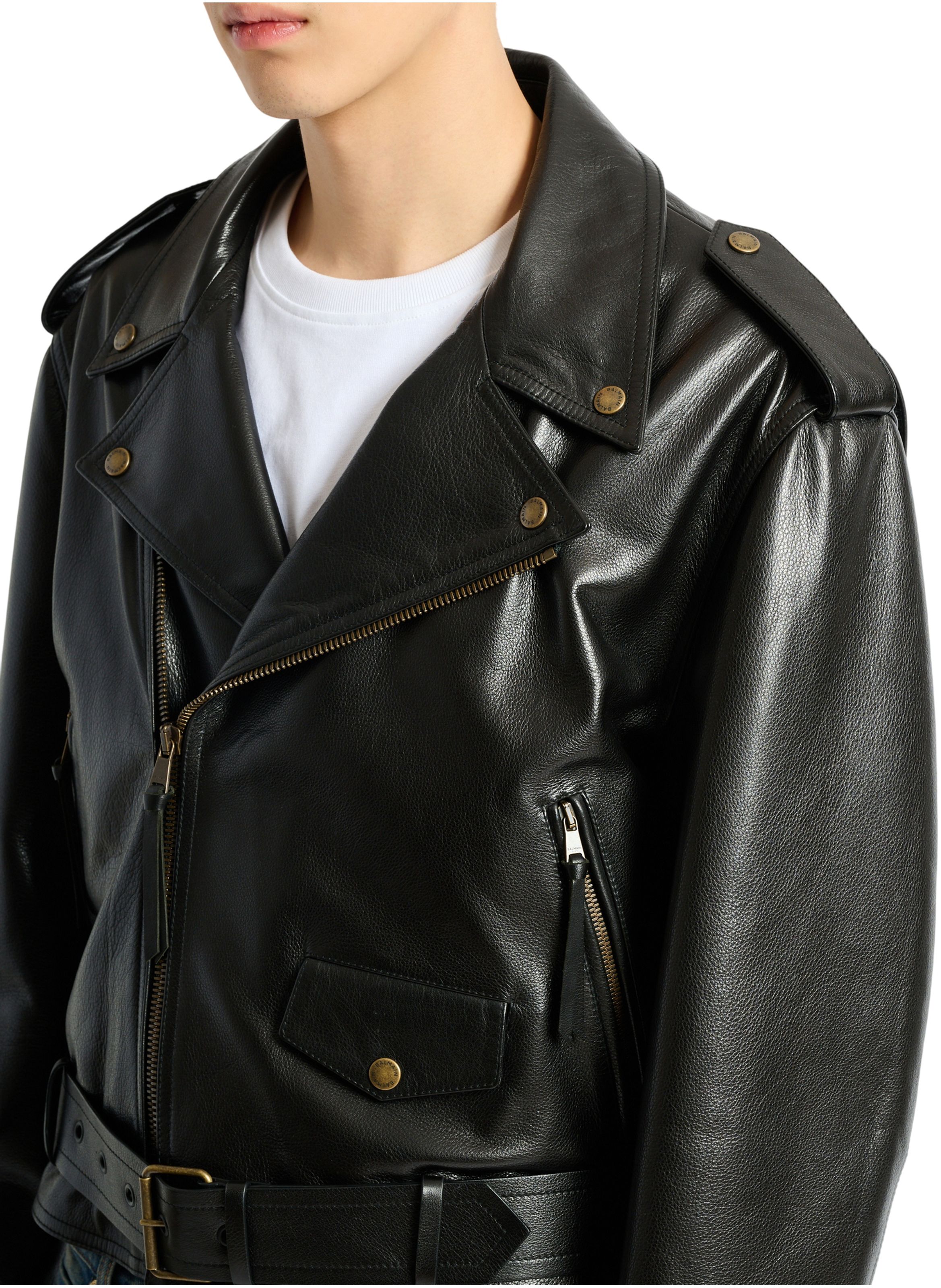 Veste biker en cuir texturé BALMAIN Noir