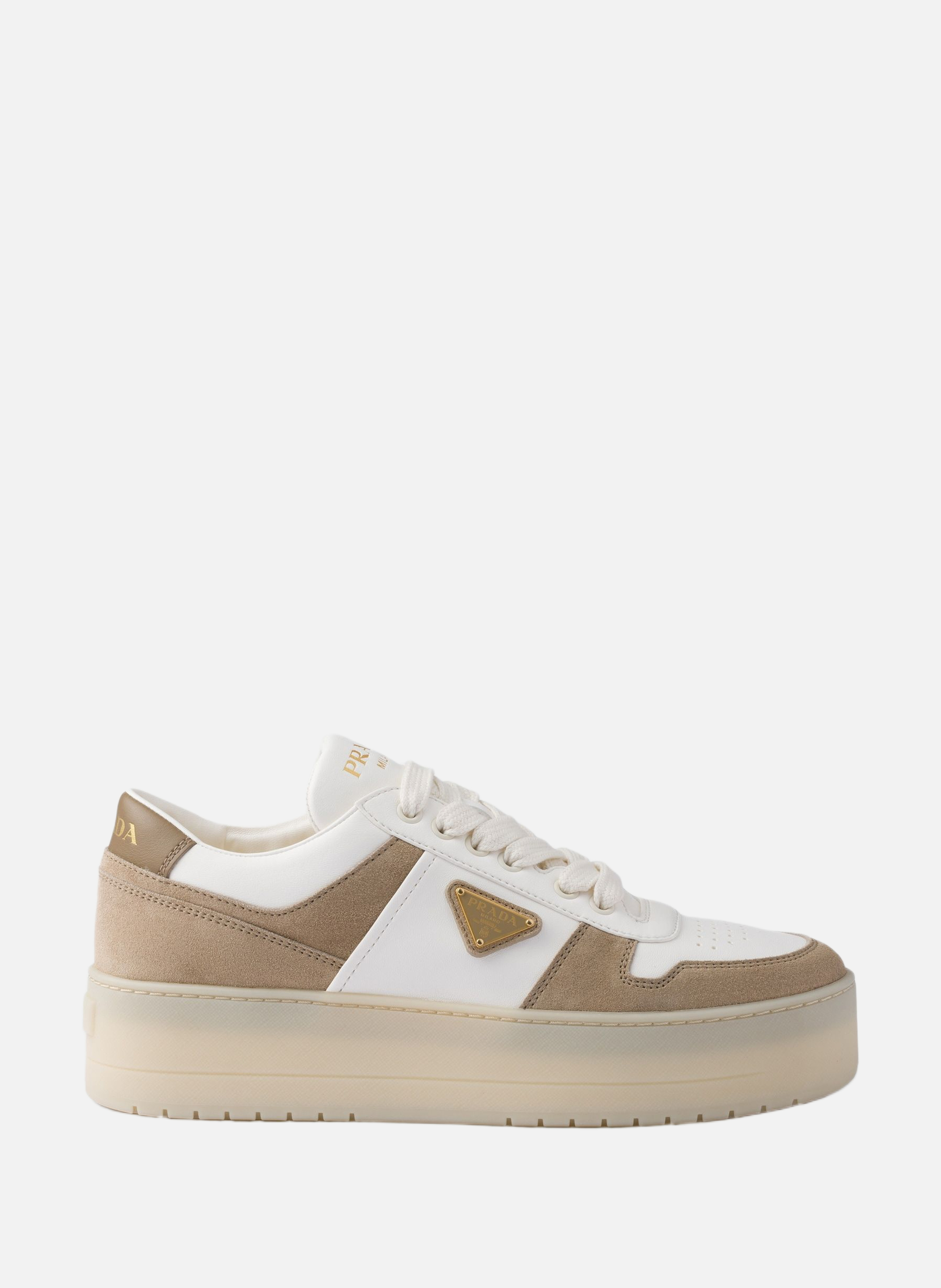 Sneakers downtown bold en cuir nappa et veau velou PRADA Beige