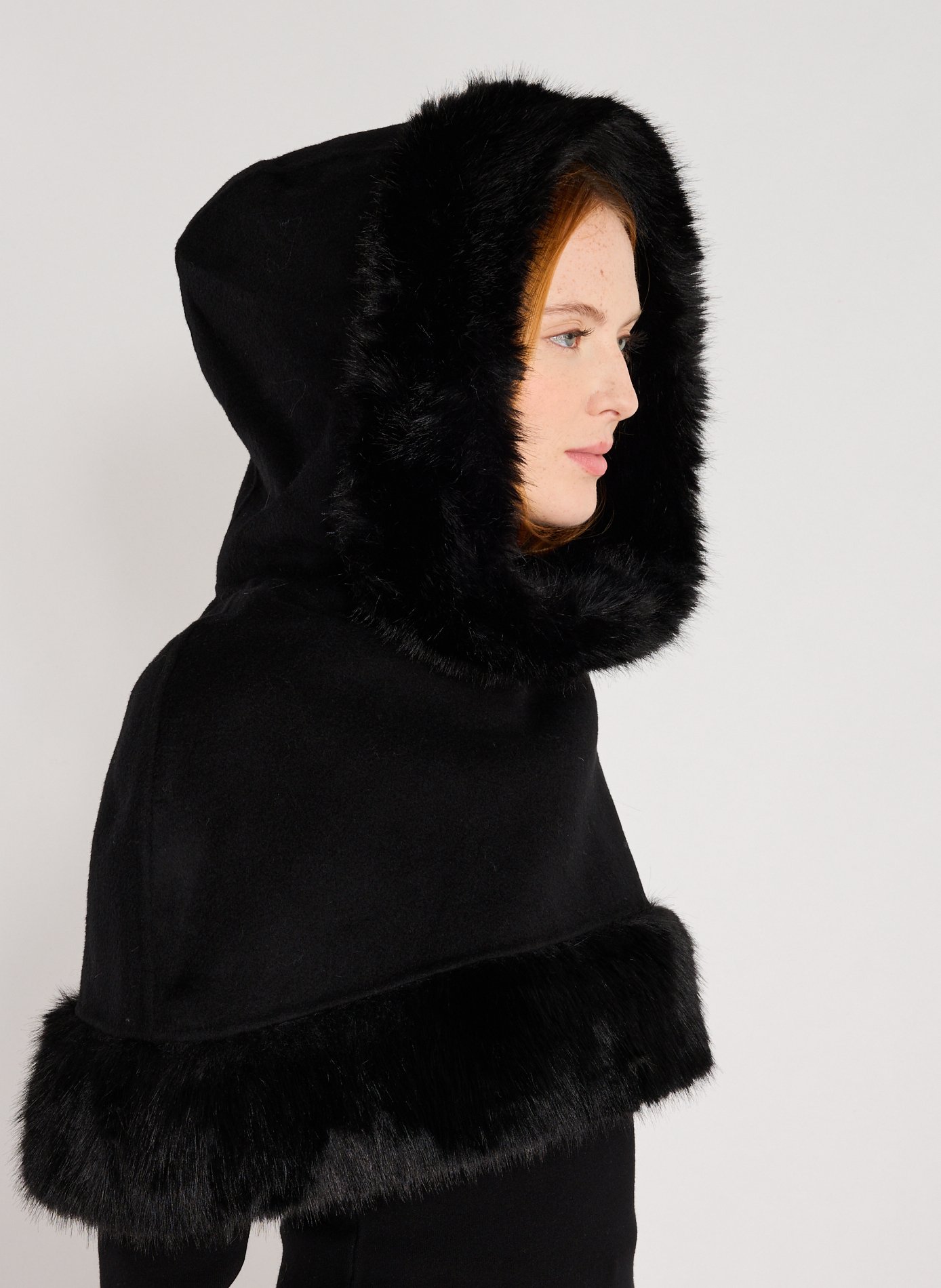 Marta hooded cape with faux fur effect in wool BY MALENE BIRGER Black