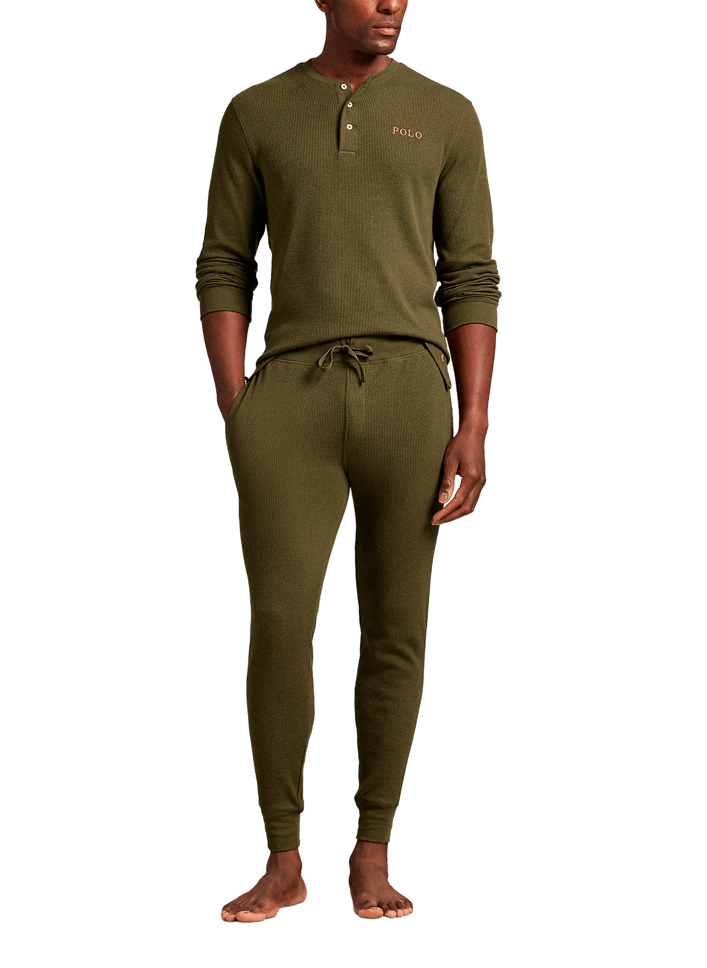 T-shirt de nuit gaufré à col tunisien POLO RALPH LAUREN Kaki