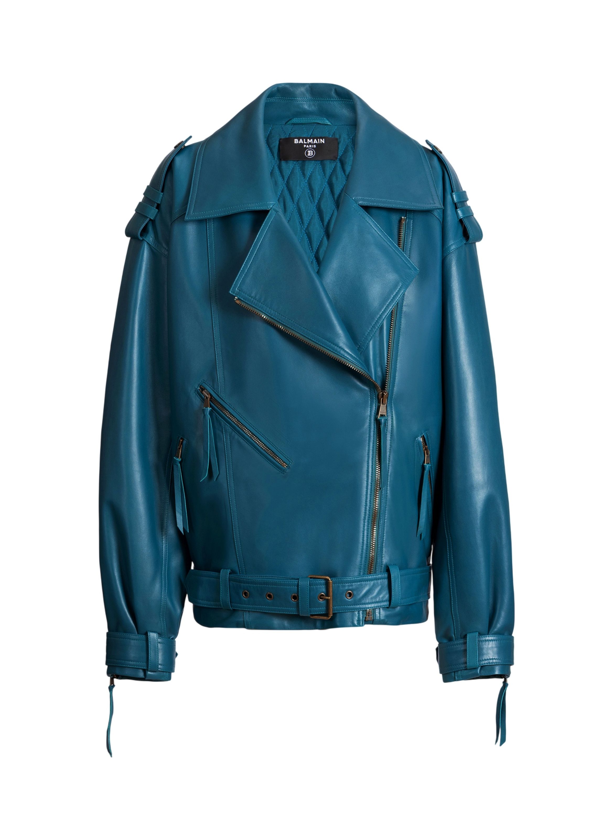 Veste biker en cuir d’agneau BALMAIN Bleu