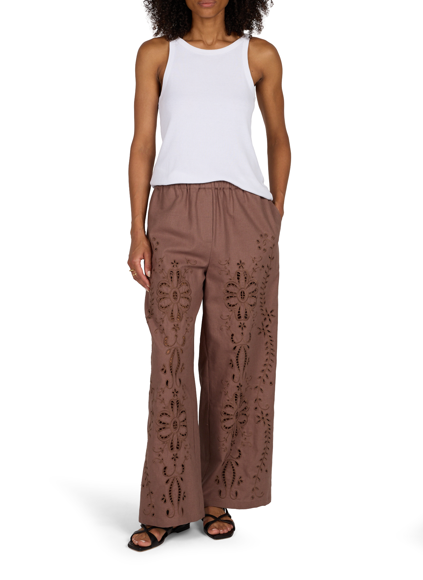 Straight Linen and Cotton Embroidered Pants BERENICE Beige