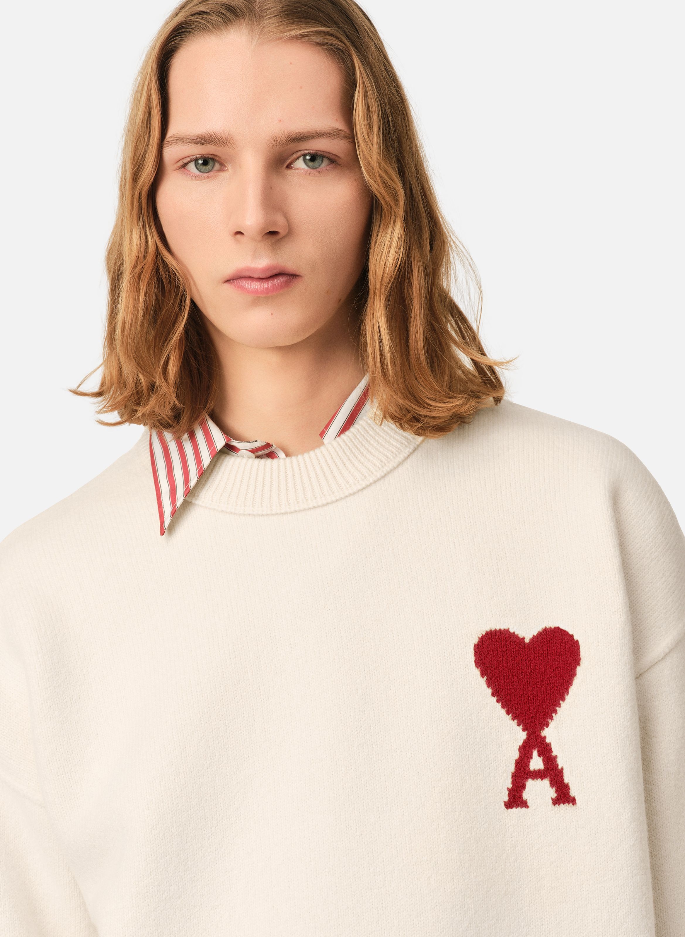 Pull col rond ami de coeur en laine unisexe AMI PARIS Blanc