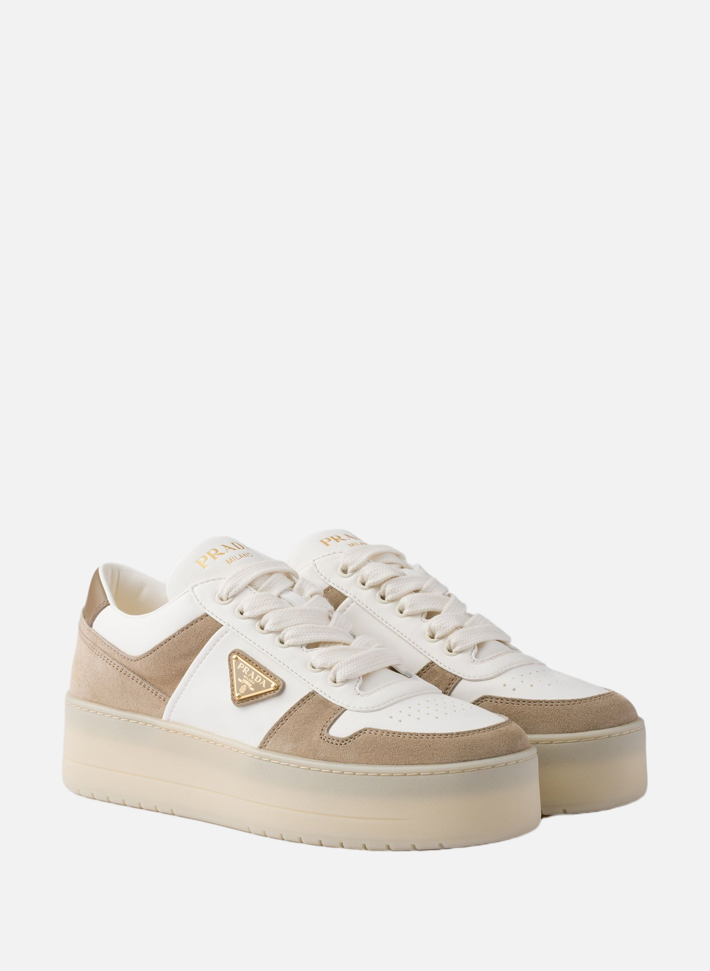 Sneakers downtown bold en cuir nappa et veau velou PRADA Beige