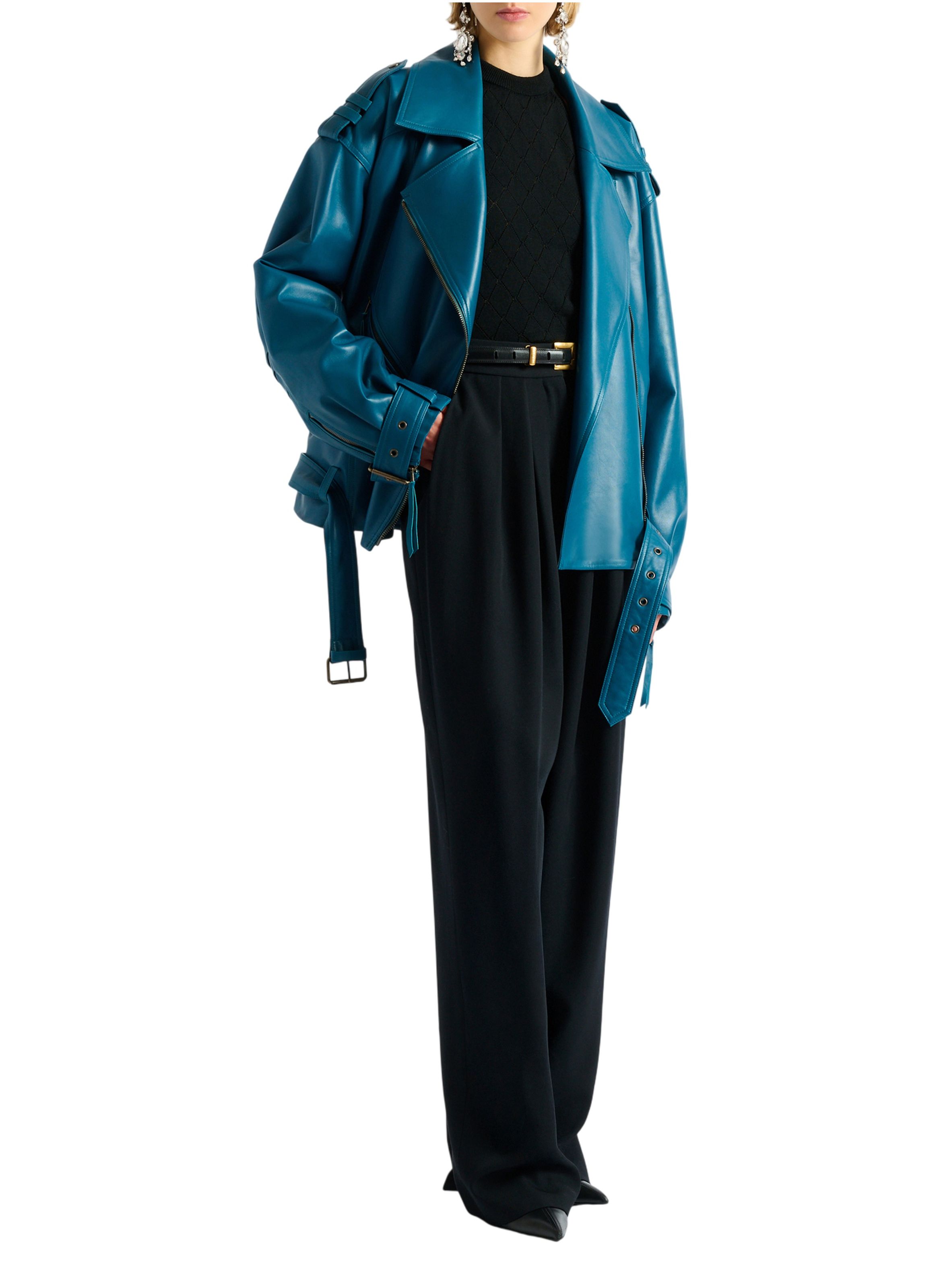 Veste biker en cuir d’agneau BALMAIN Bleu