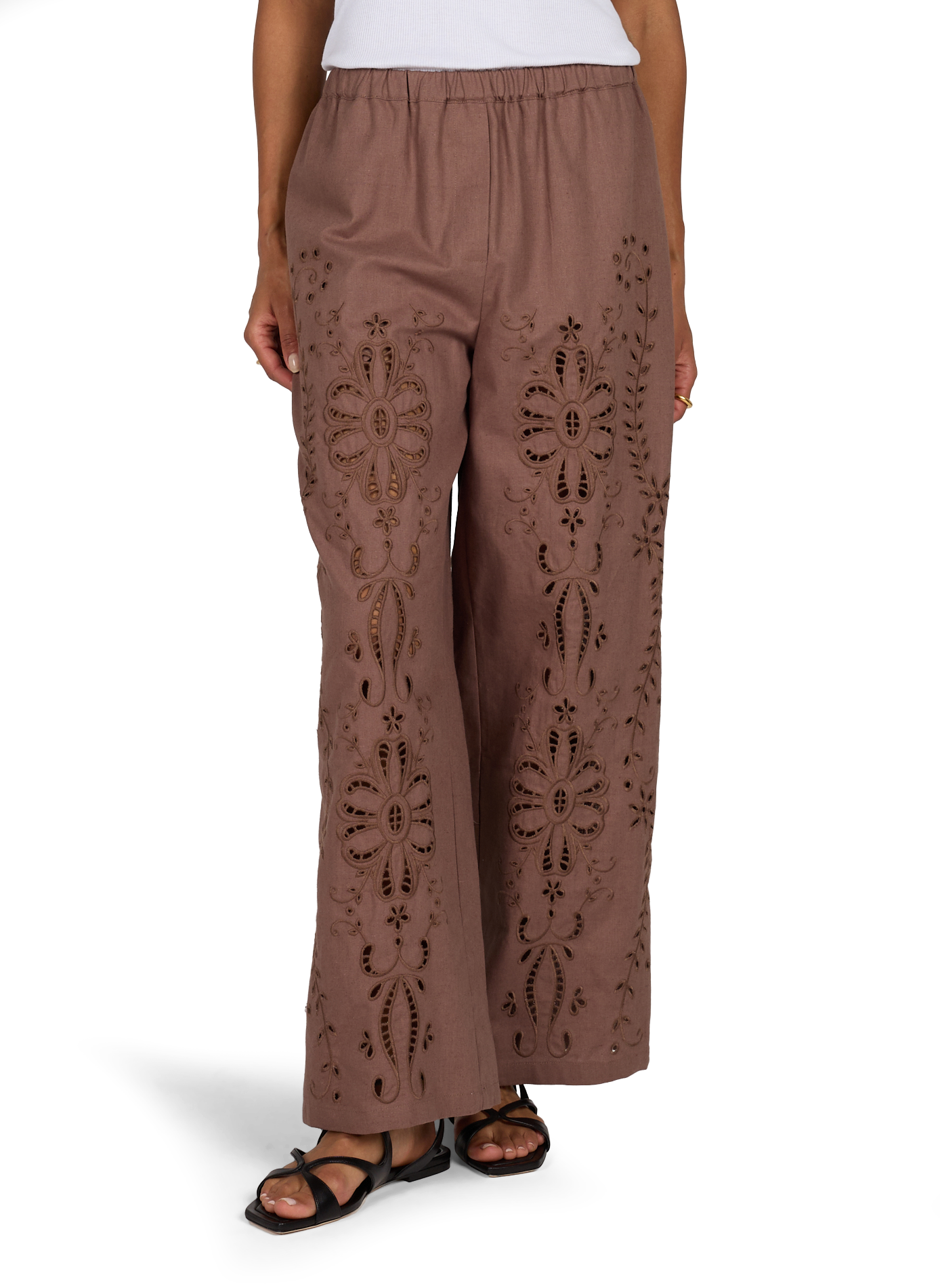 Straight Linen and Cotton Embroidered Pants BERENICE Beige