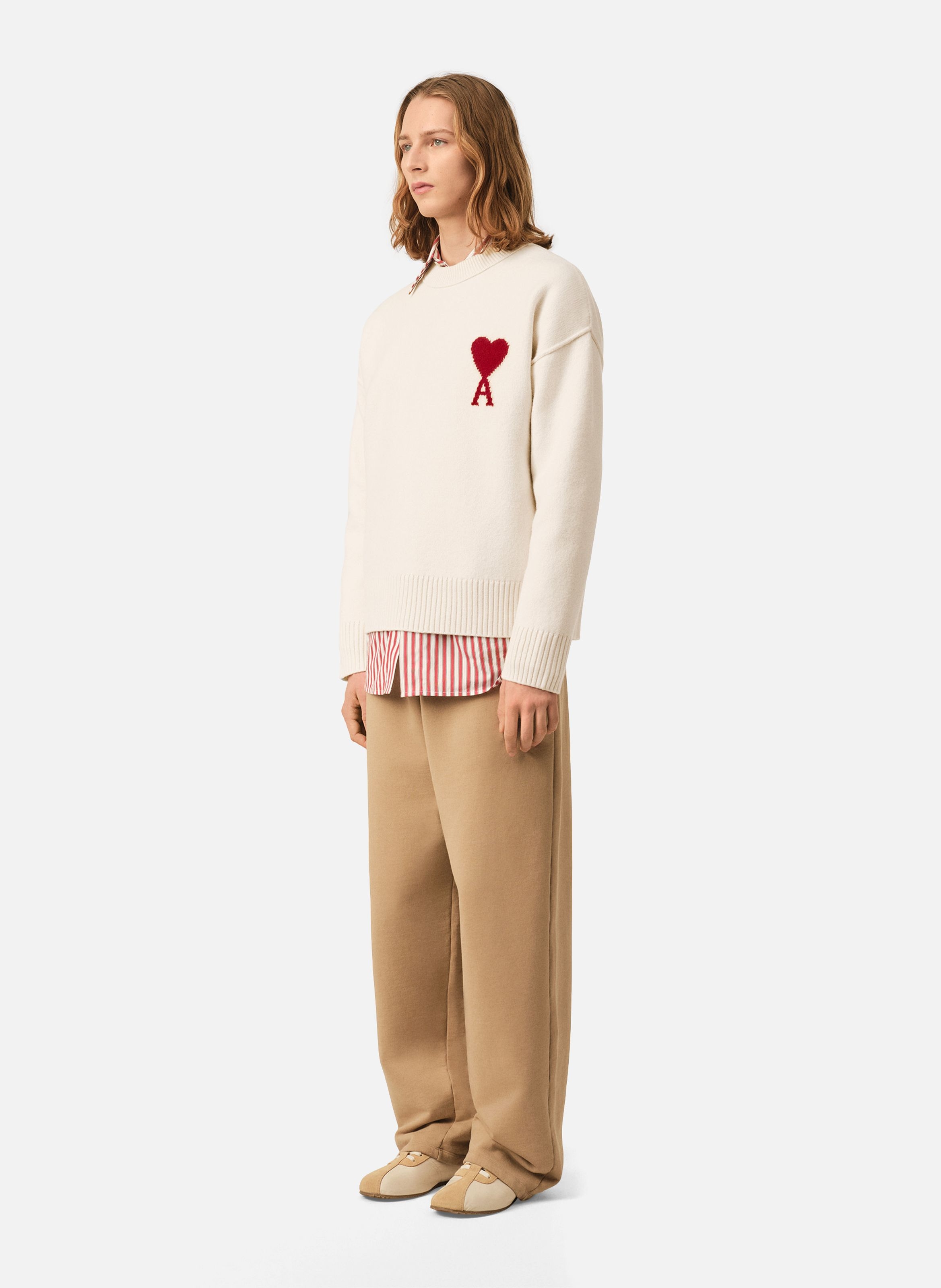 Pull col rond ami de coeur en laine unisexe AMI PARIS Blanc