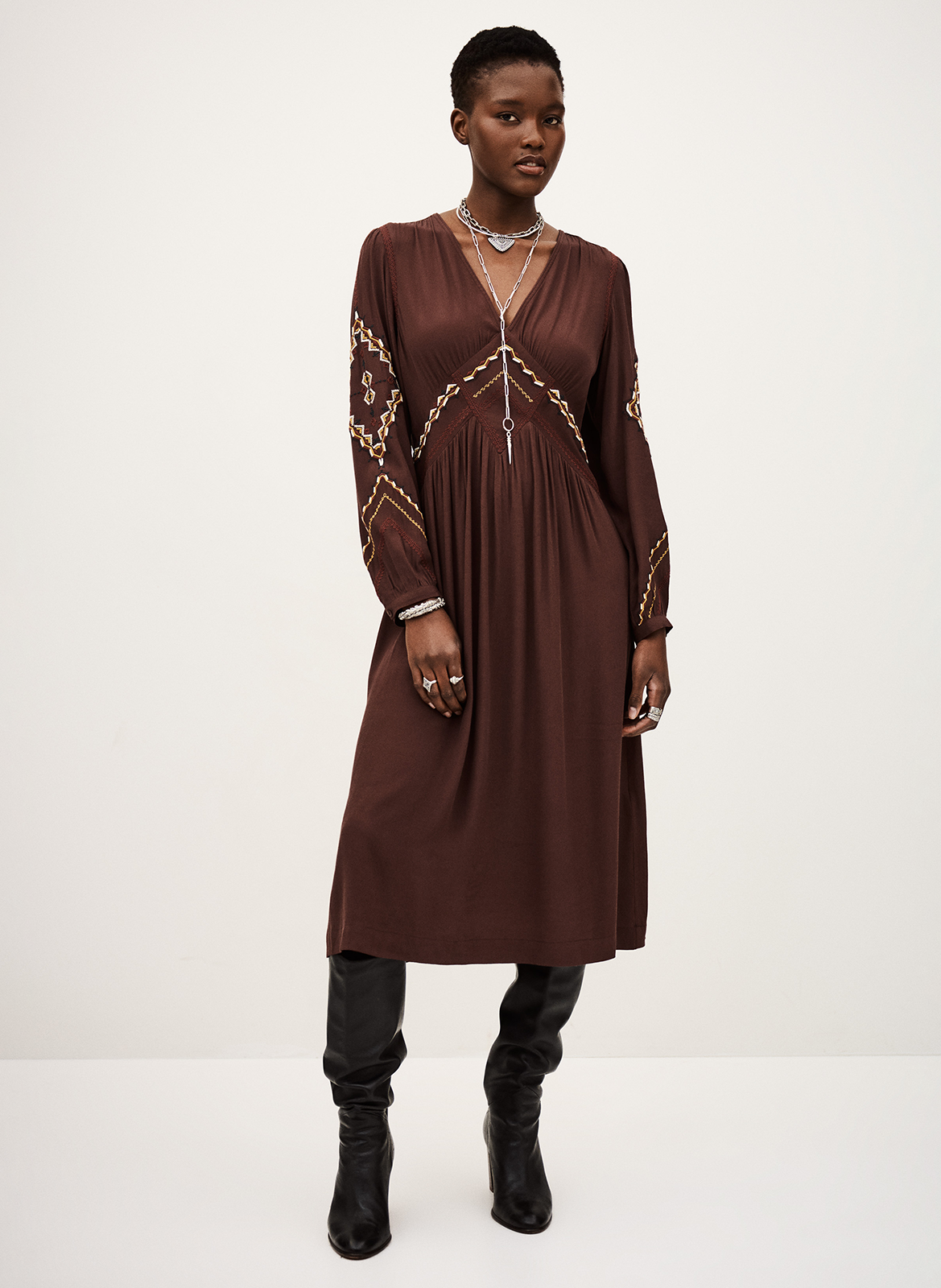 Robe midi col v à broderies tany BA&SH Marron