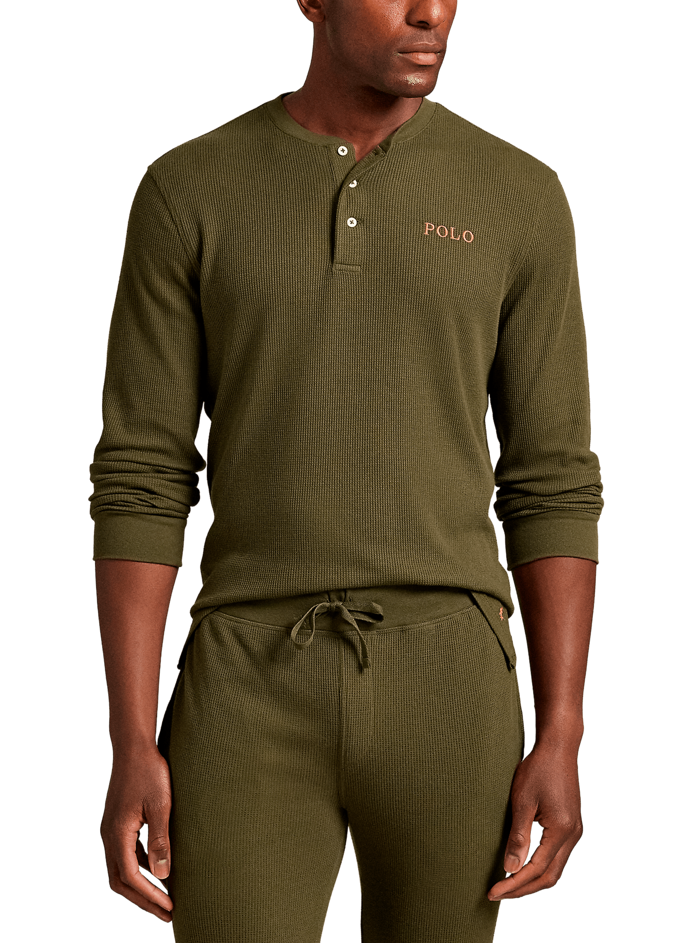 T-shirt de nuit gaufré à col tunisien POLO RALPH LAUREN Kaki