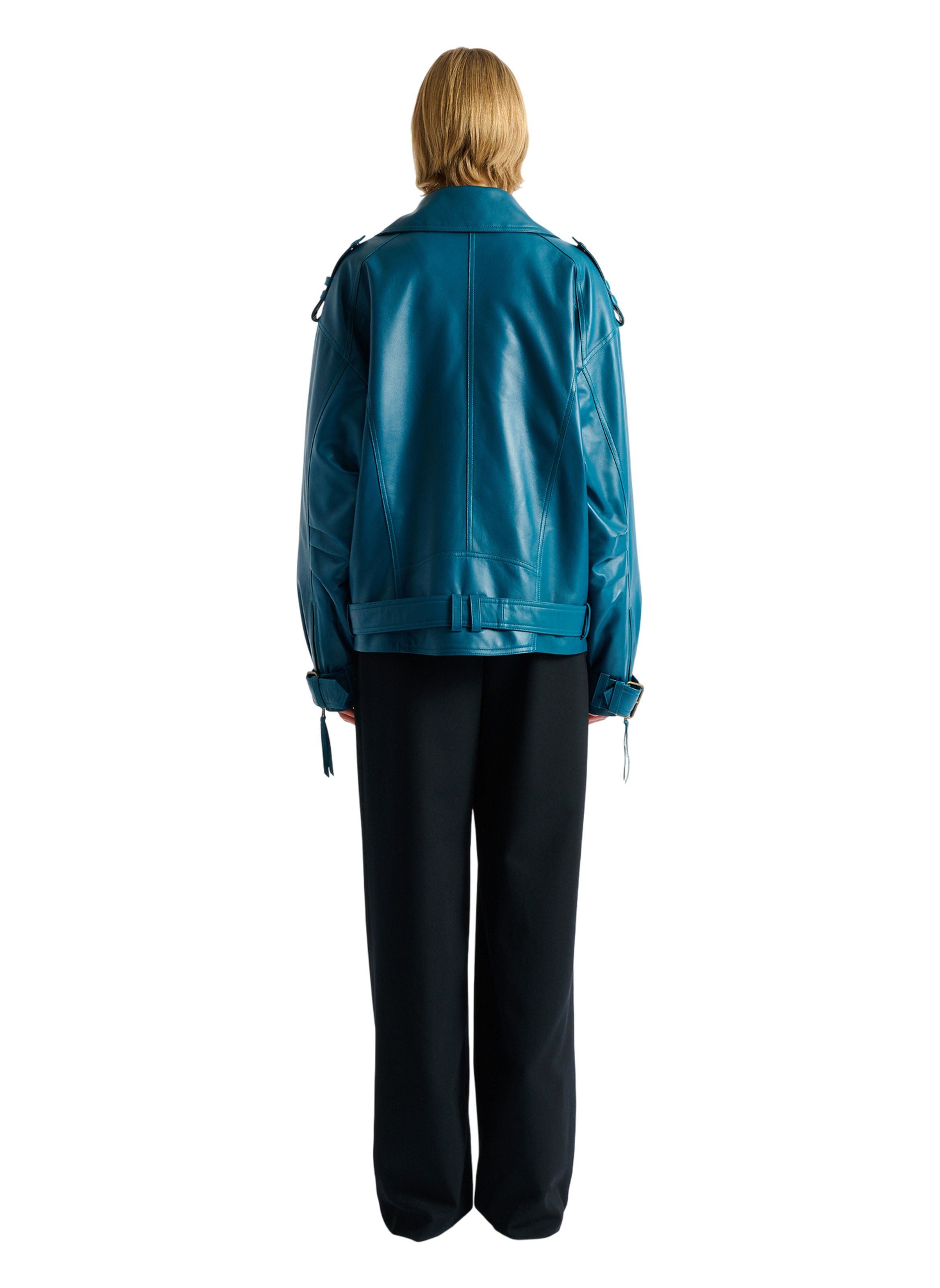 Veste biker en cuir d’agneau BALMAIN Bleu
