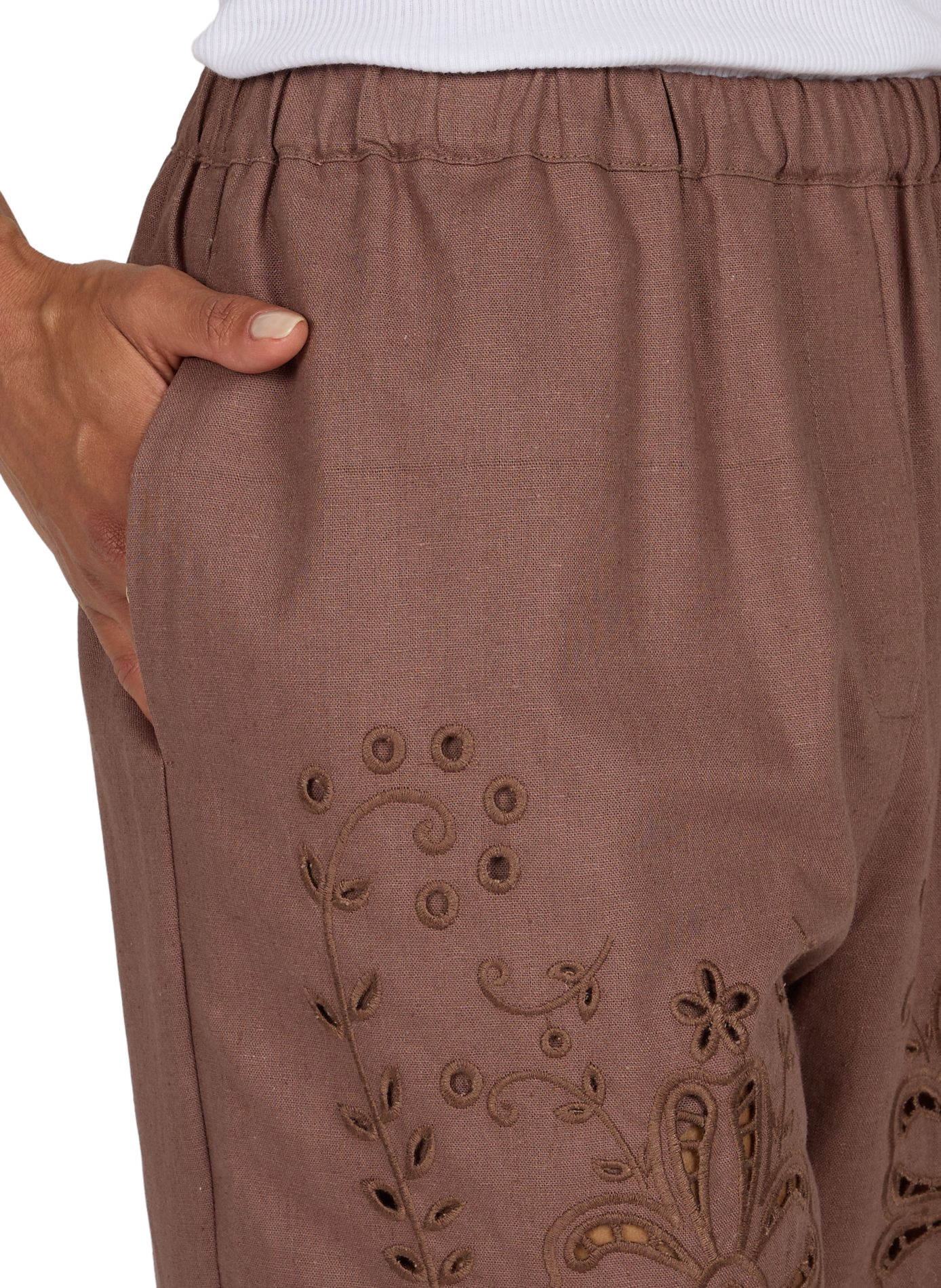 Straight Linen and Cotton Embroidered Pants BERENICE Beige