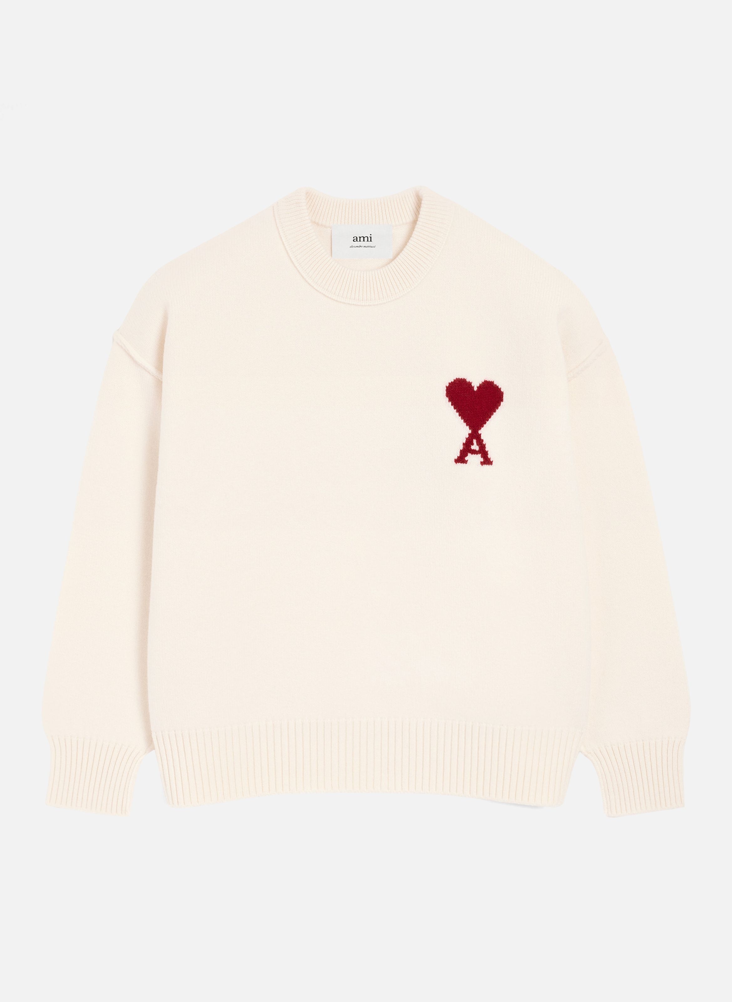 Pull col rond ami de coeur en laine unisexe AMI PARIS Blanc
