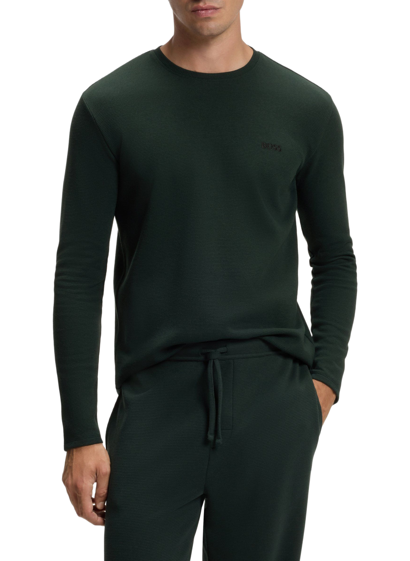 Haut de pyjama droit manches longues à logo en coton mélangé BOSS Vert