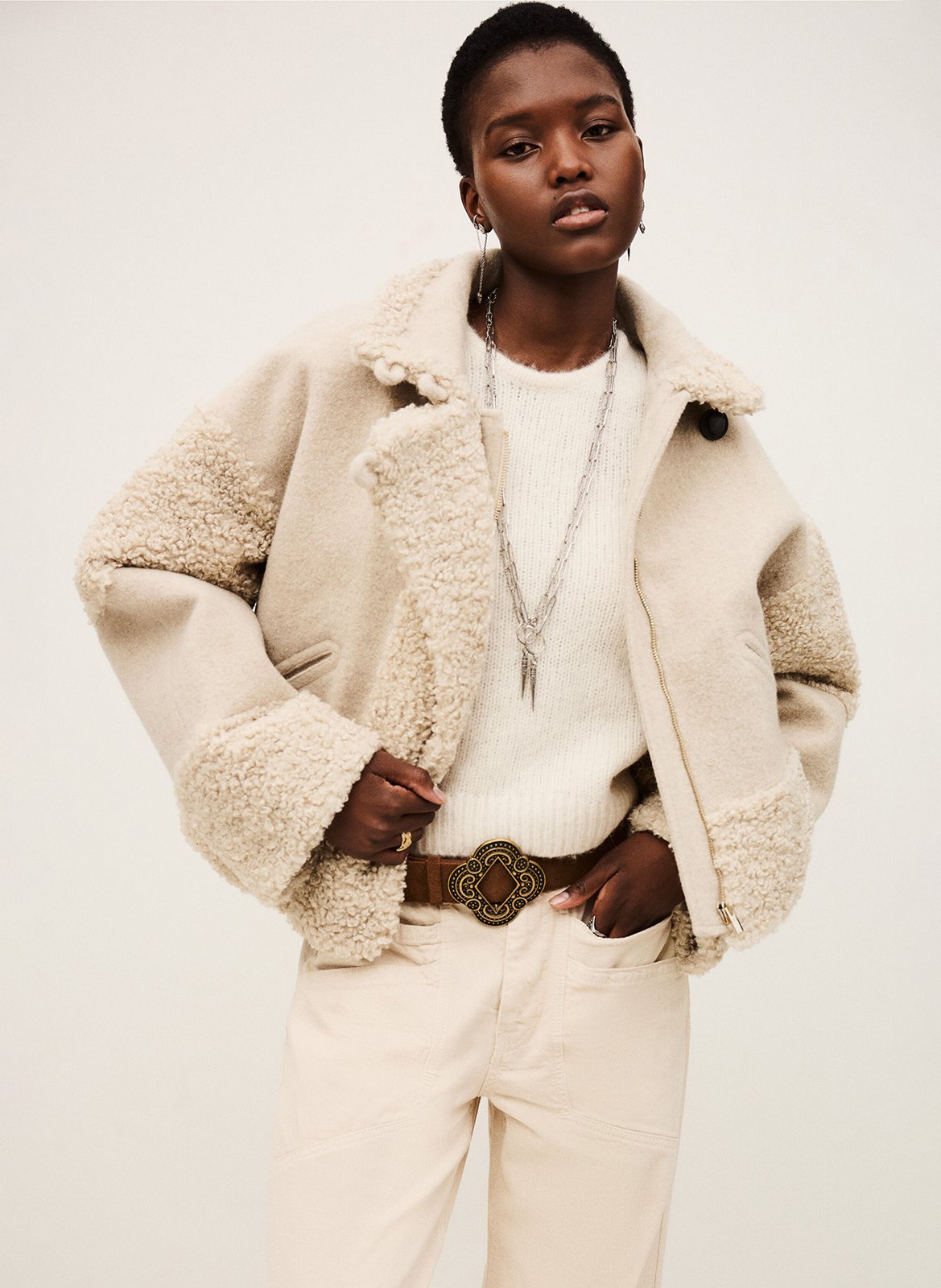 Manteau court col tailleur effet fourrure fleet BA&SH Beige