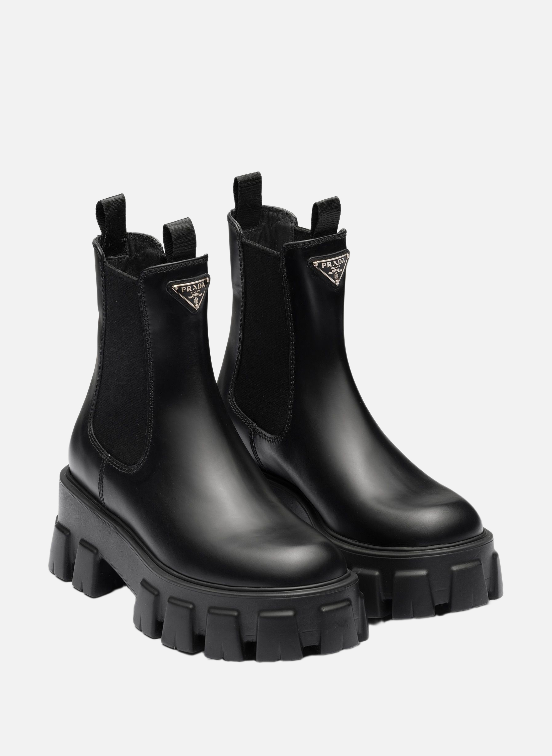 Bottines monolith en cuir brossé PRADA Noir