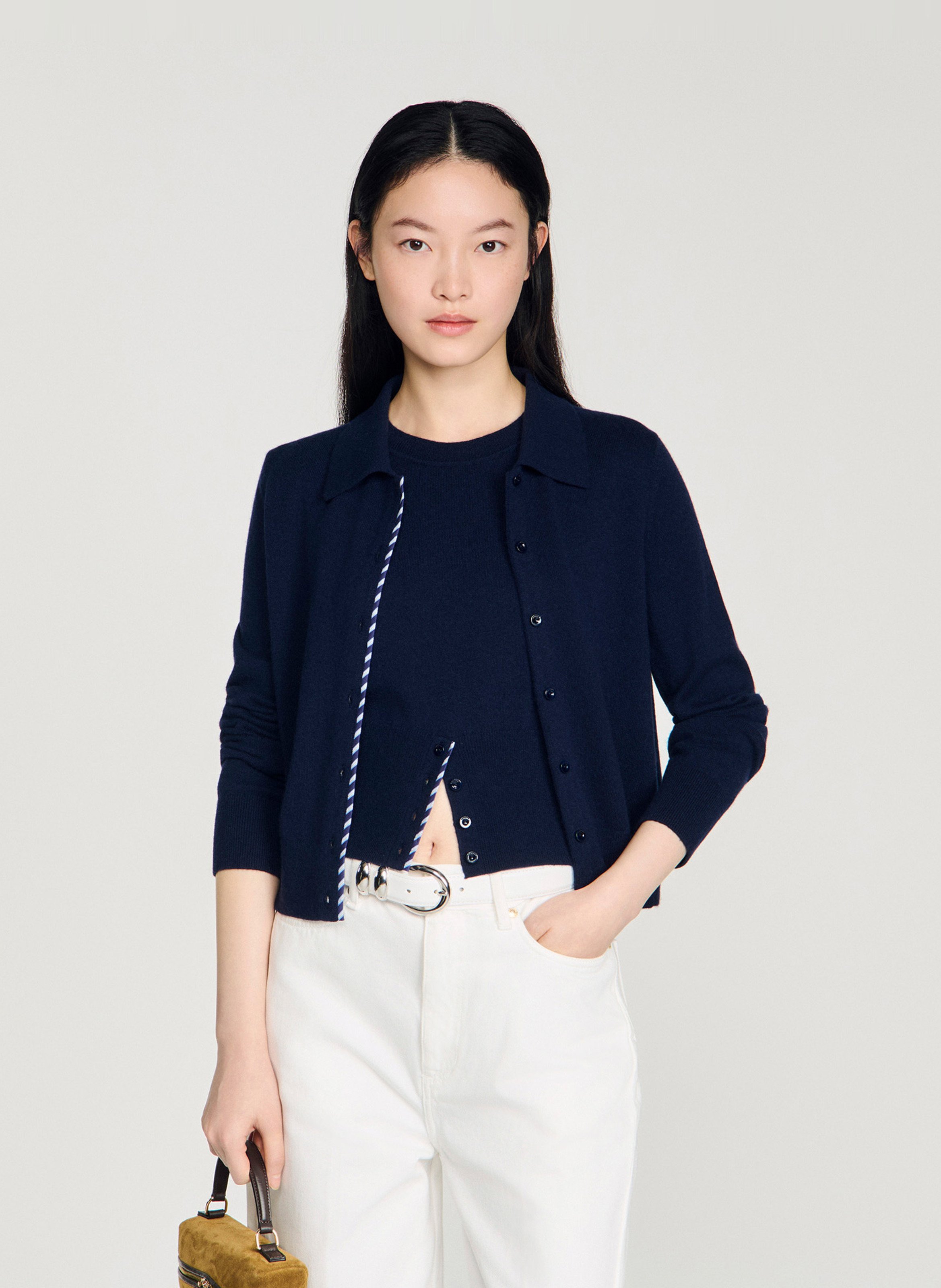 Cardigan droit en laine et cachemire SANDRO Bleu