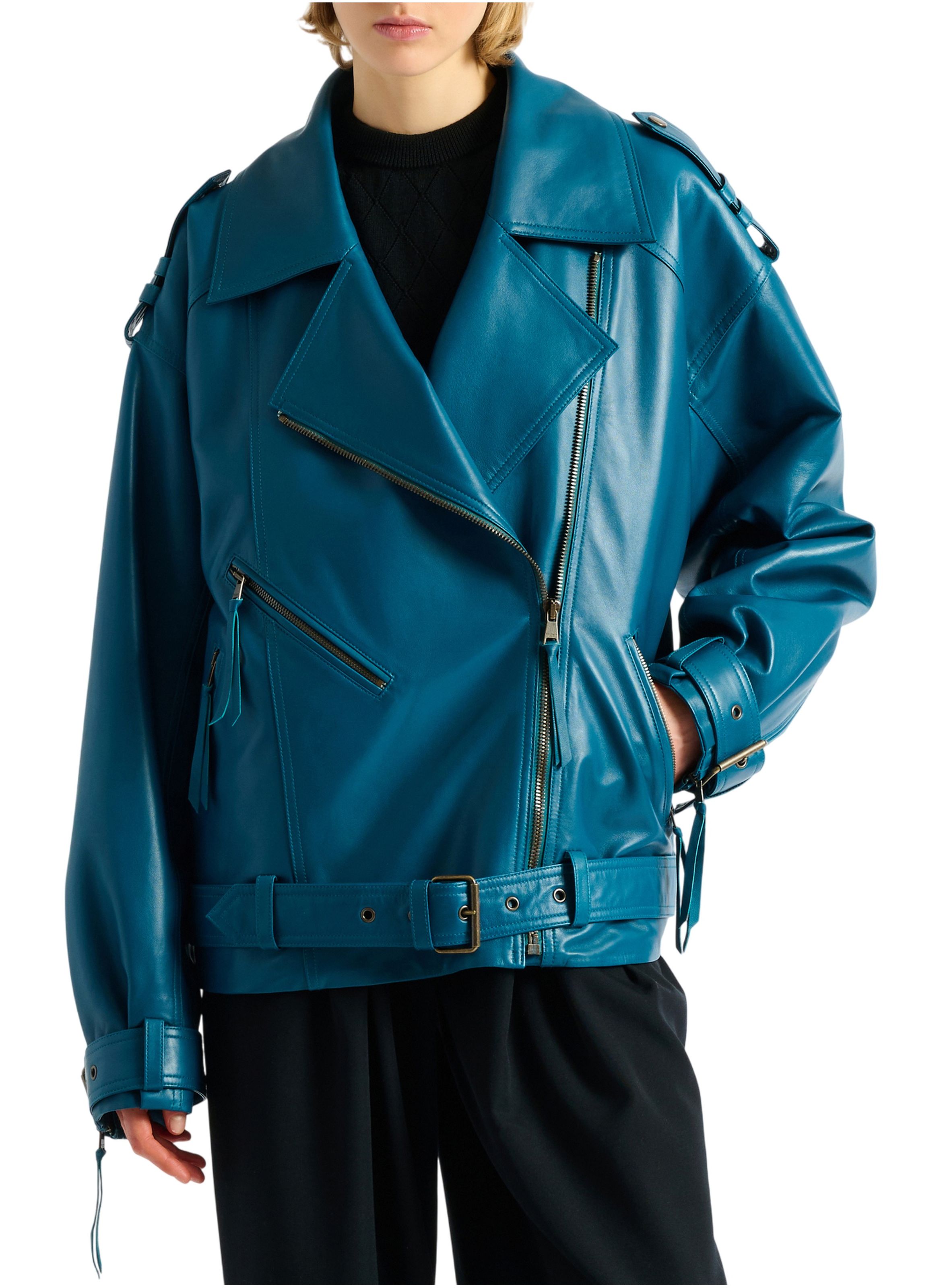 Veste biker en cuir d’agneau BALMAIN Bleu