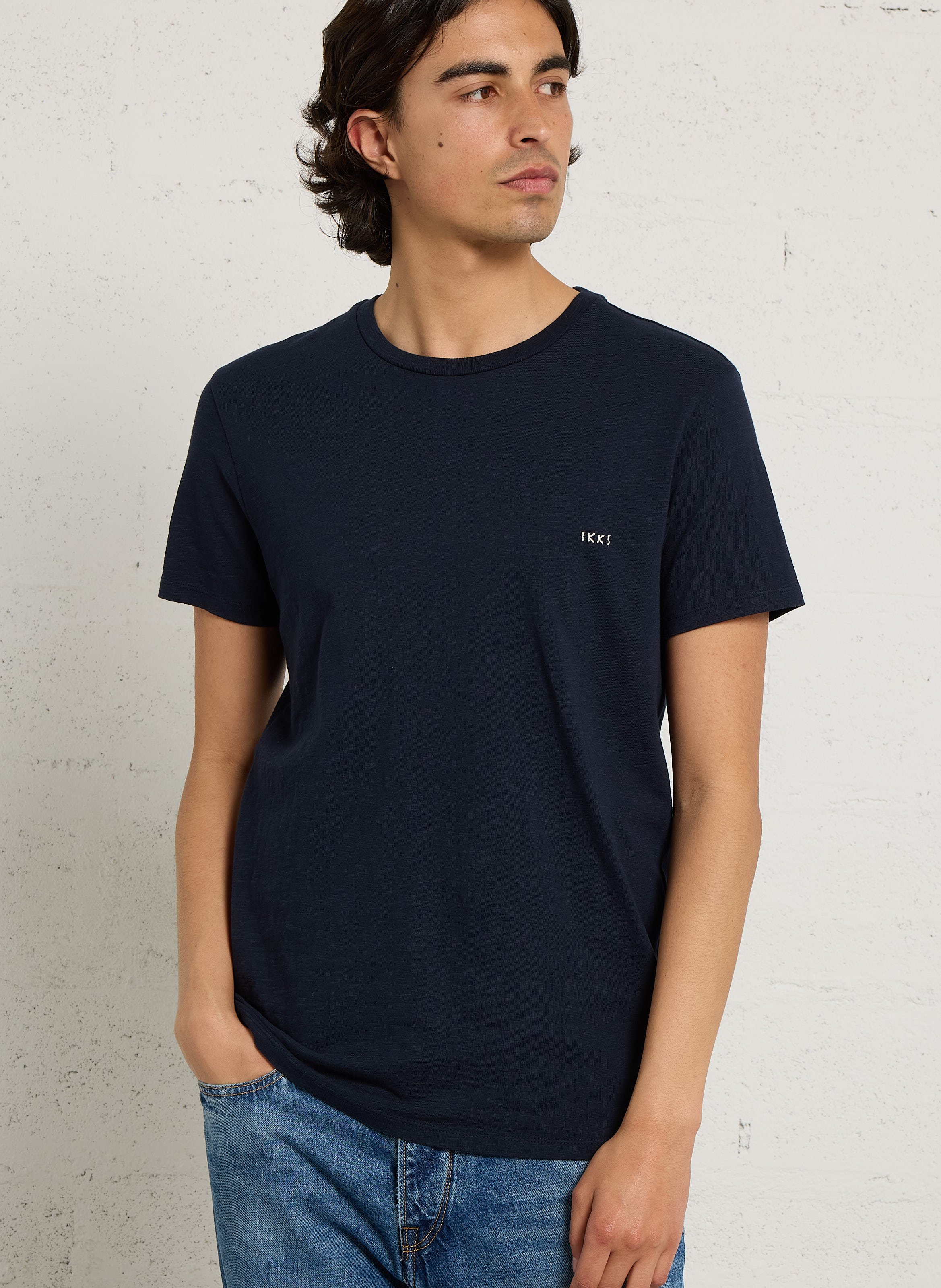Tee-shirt droit col rond brodé en coton IKKS Bleu