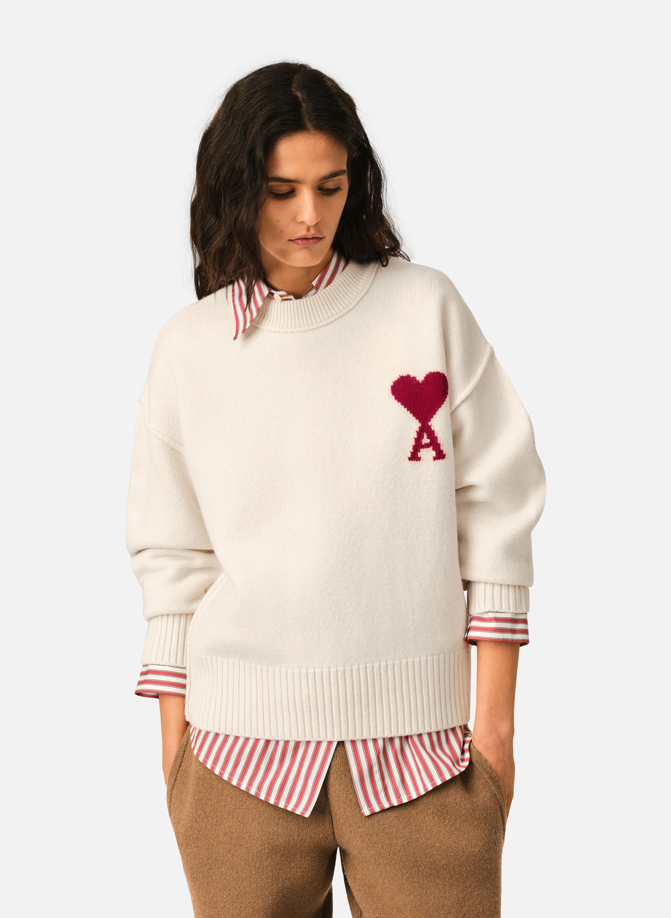 Pull col rond ami de coeur en laine unisexe AMI PARIS Blanc
