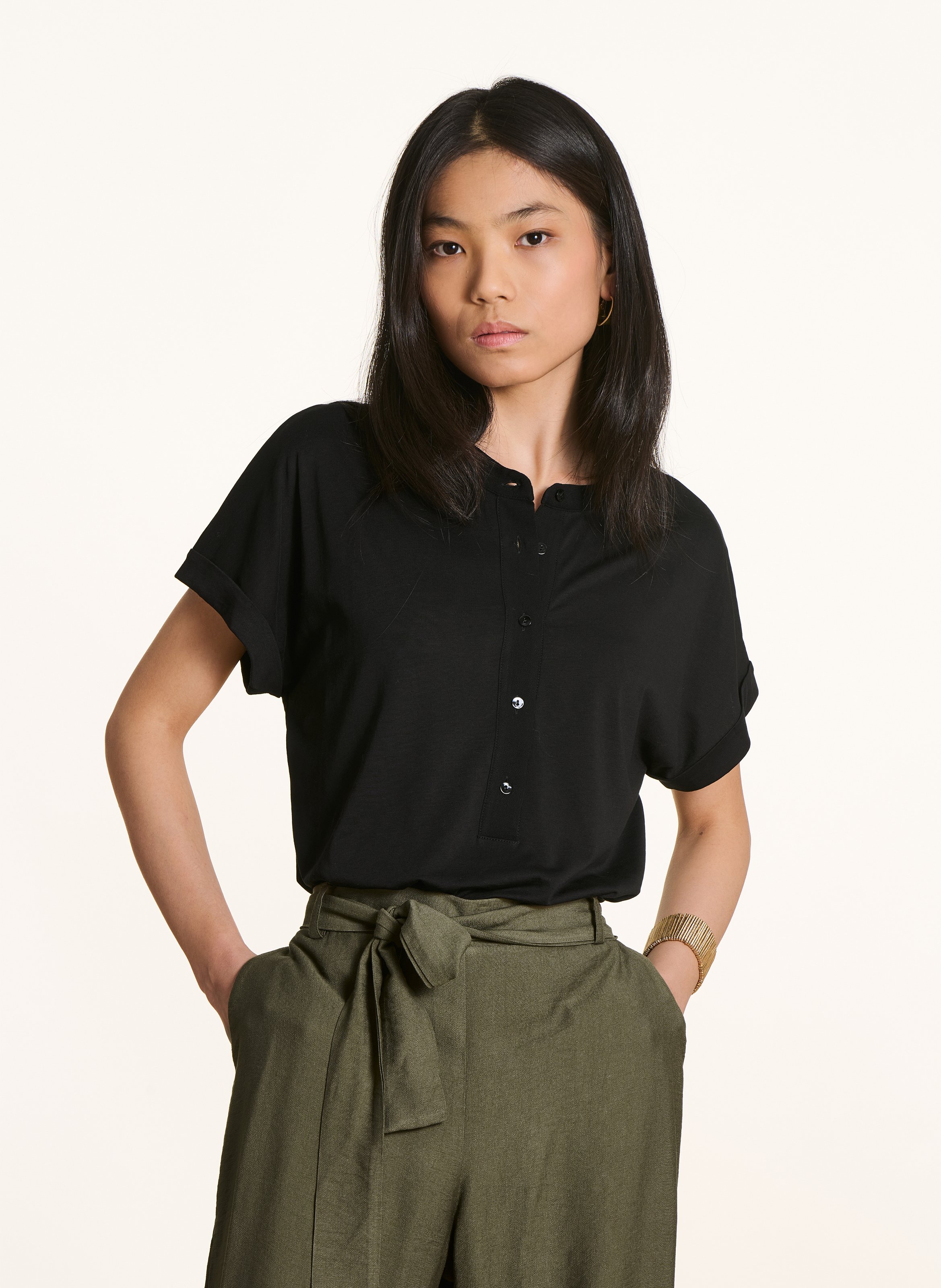 Effen top met korte mouwen en knoopsluiting LA FEE MARABOUTEE Zwart