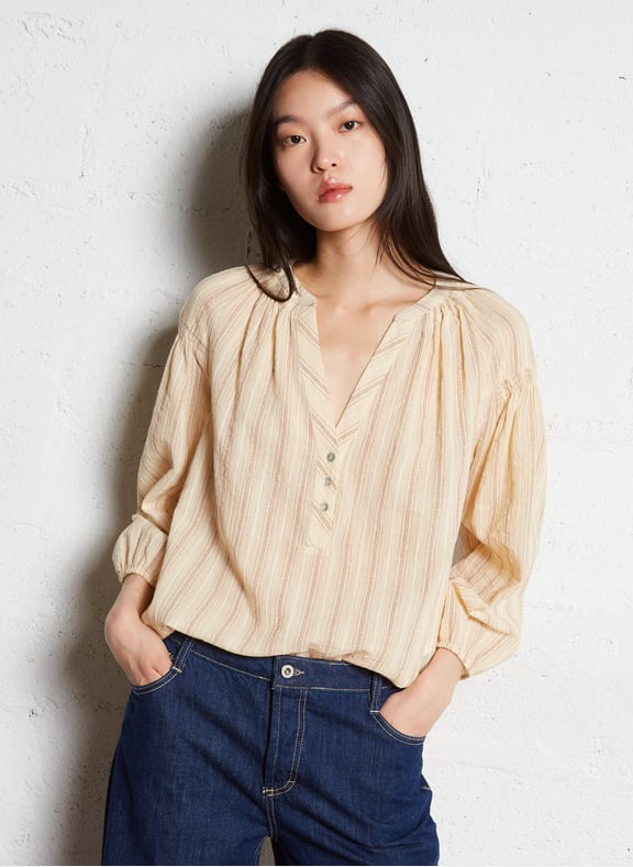 Blouse col tunisien rayé en coton mélangé prune Blanc by MAISON 123 MAISON 123 Blouse col tunisien rayé en coton mélangé prune Blanc