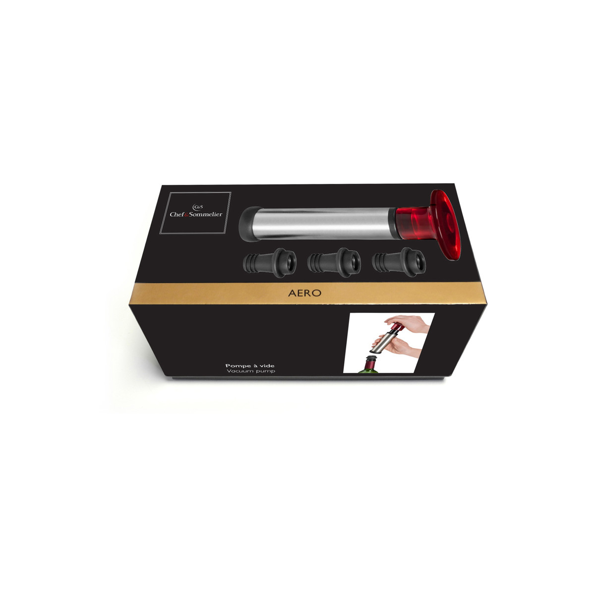 Aero - pompe à vide avec 3 bouchons CHEF & SOMMELIER Noir