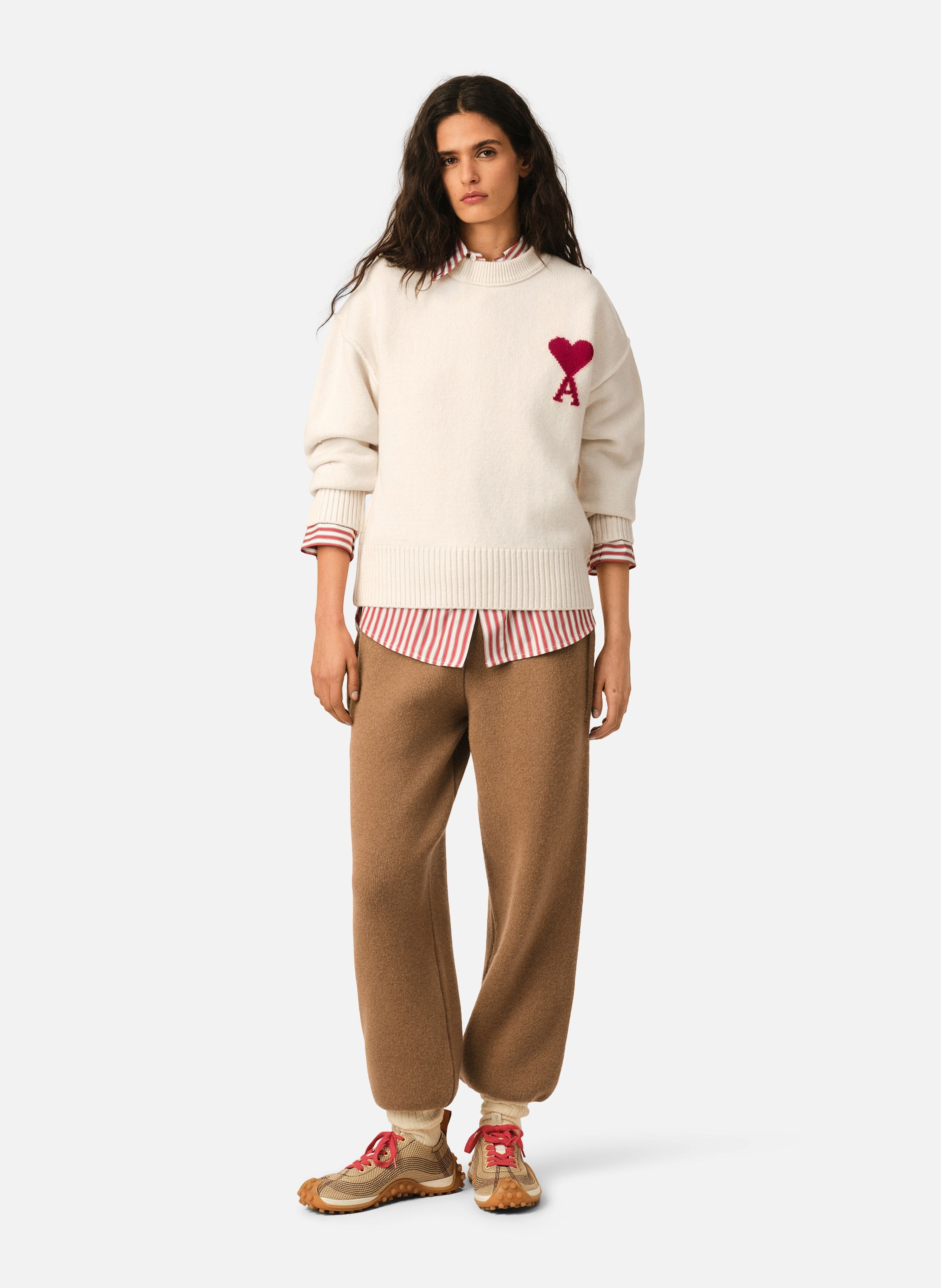 Pull col rond ami de coeur en laine unisexe AMI PARIS Blanc