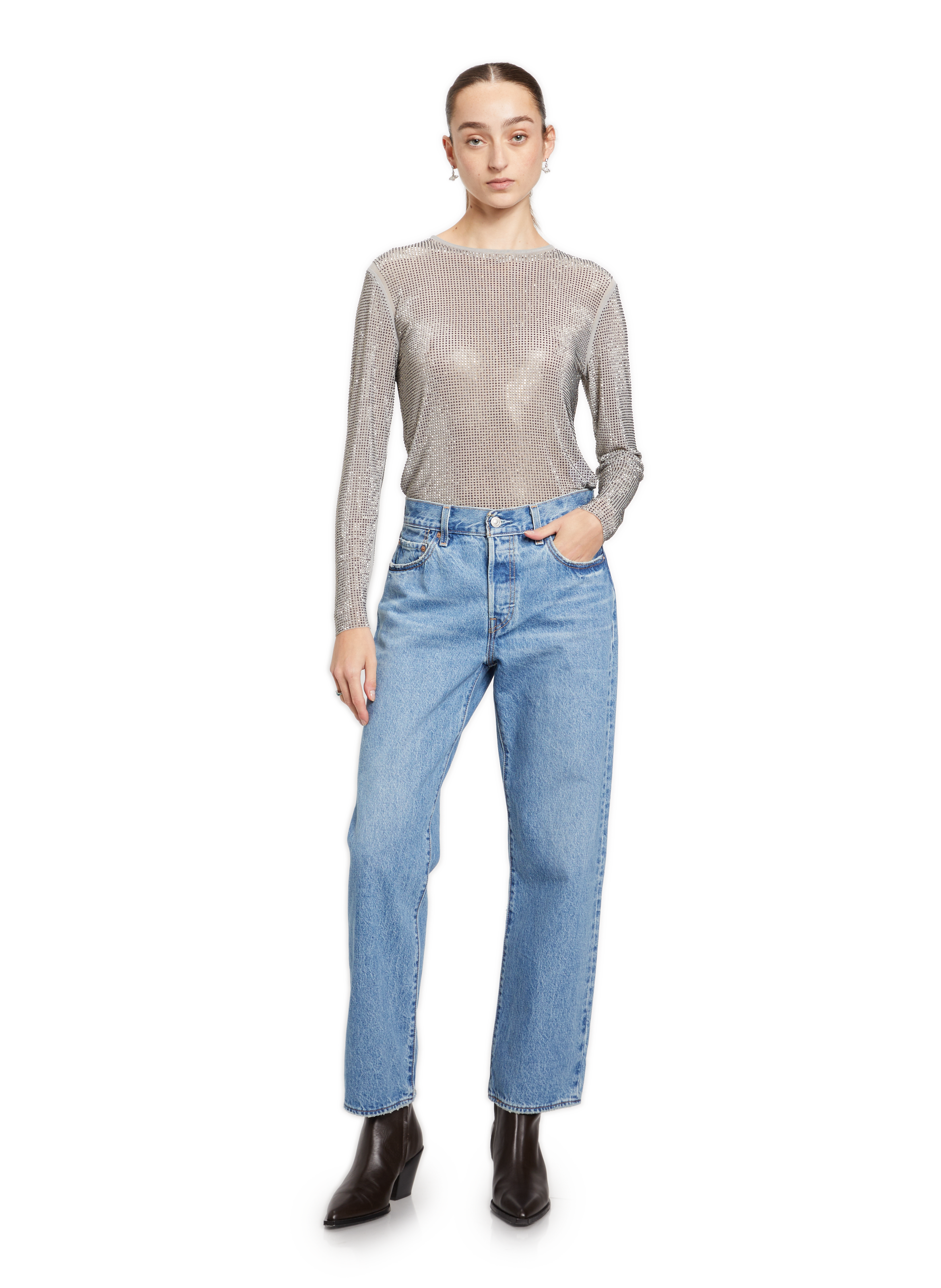 Rhinestone-embellished top Grey