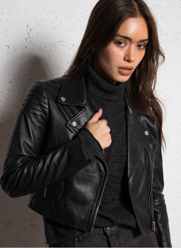 Blouson col tailleur en cuir d'agneau Noir by IKKS IKKS Blouson col tailleur en cuir d'agneau Noir