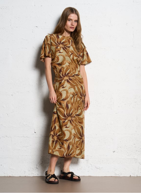 Robe midi à imprimé floral en soie ella Orange by SOEUR SOEUR Robe midi à imprimé floral en soie ella Orange