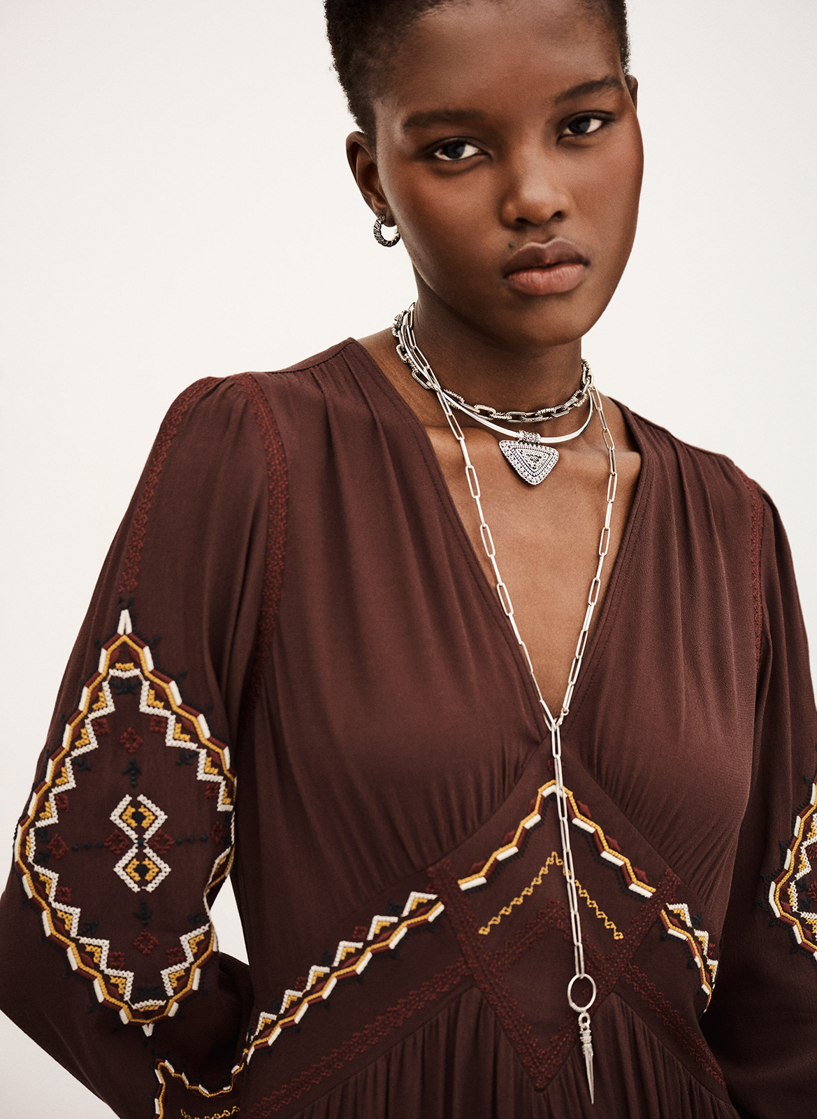 Robe midi col v à broderies tany BA&SH Marron