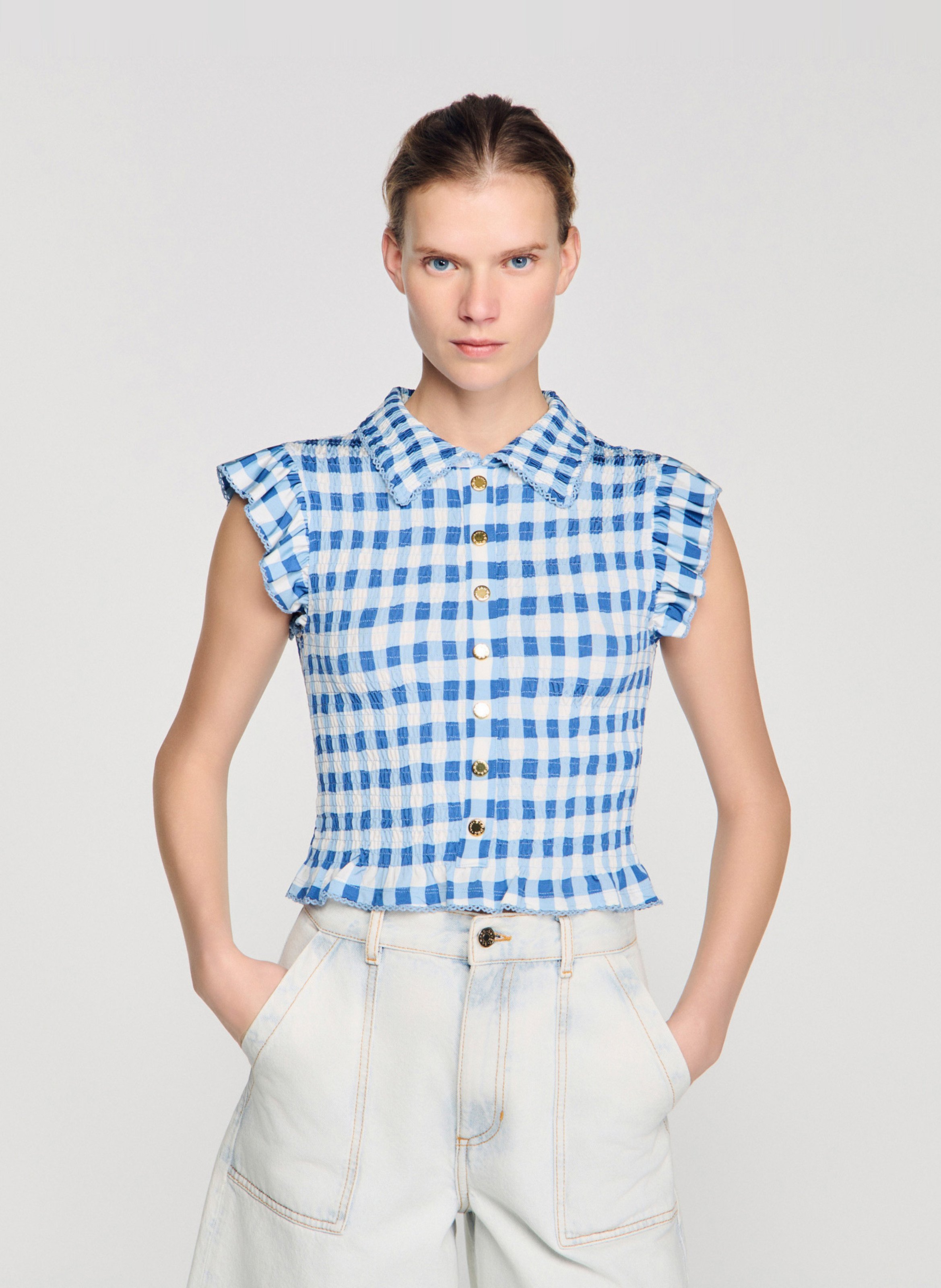 Top col classique à carreaux SANDRO Bleu