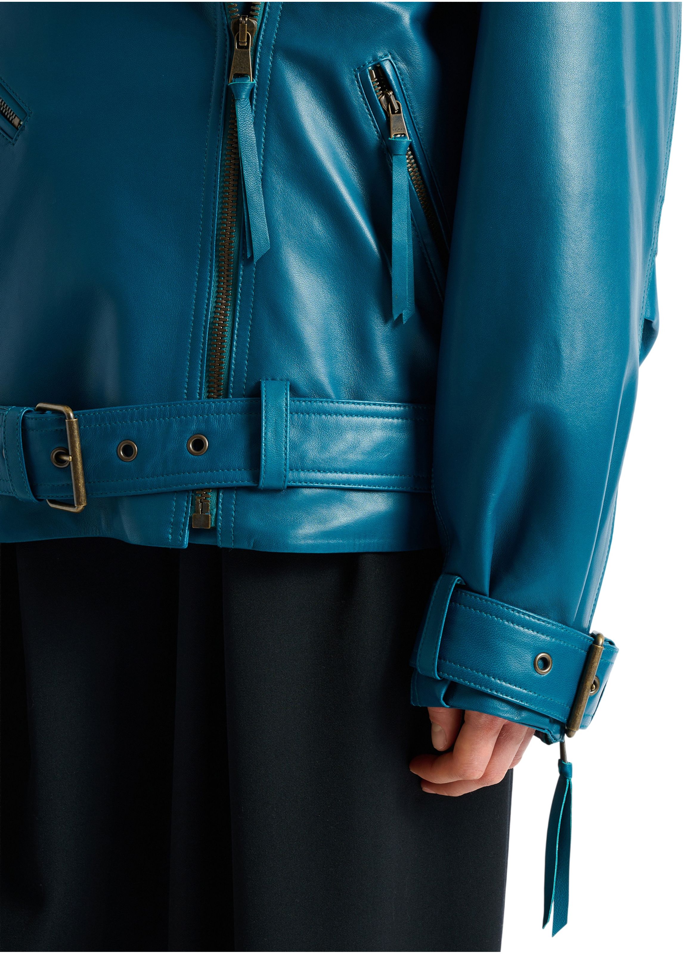 Veste biker en cuir d’agneau BALMAIN Bleu