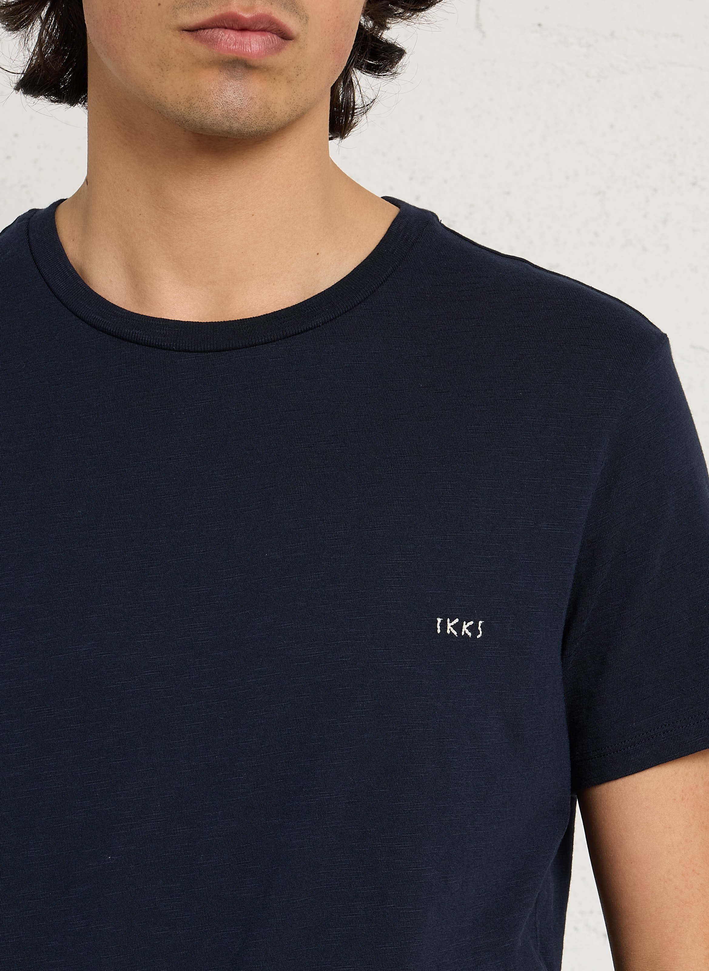 Tee-shirt droit col rond brodé en coton IKKS Bleu