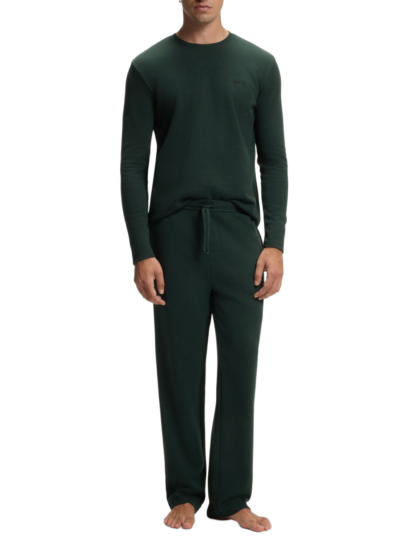 Haut de pyjama droit manches longues à logo en coton mélangé BOSS Vert